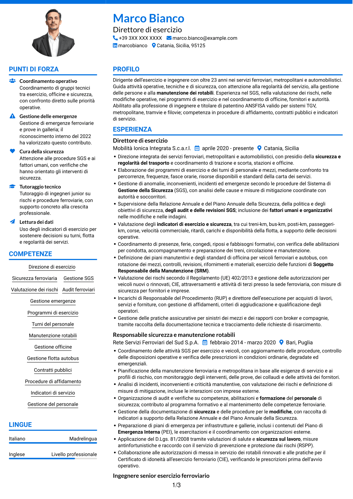 CV Audace (formato a due colonne con accenti colorati e foto): Direttore di esercizio - Trasporto ferroviario e metropolitano, pagina 1