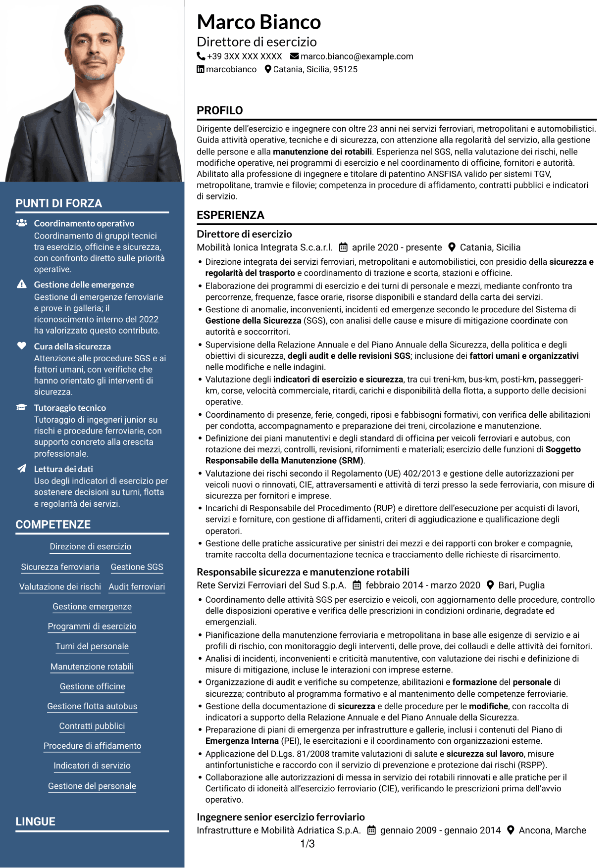 CV Signature (formato con colonna laterale colorata e foto grande): Direttore di esercizio - Trasporto ferroviario e metropolitano, pagina 1