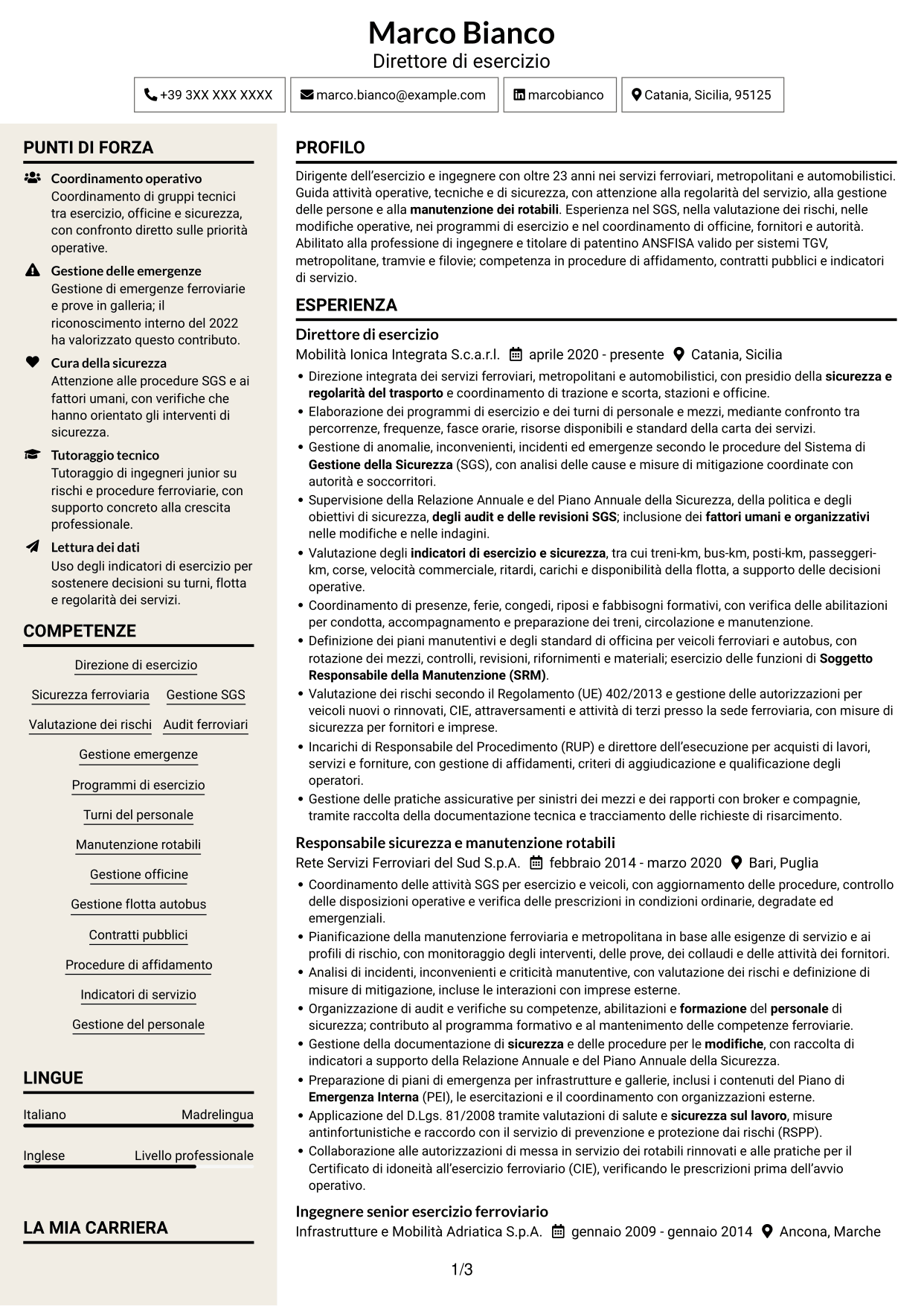CV Intraprendente (formato a due colonne con intestazione centrata senza foto): Direttore di esercizio - Trasporto ferroviario e metropolitano, pagina 1