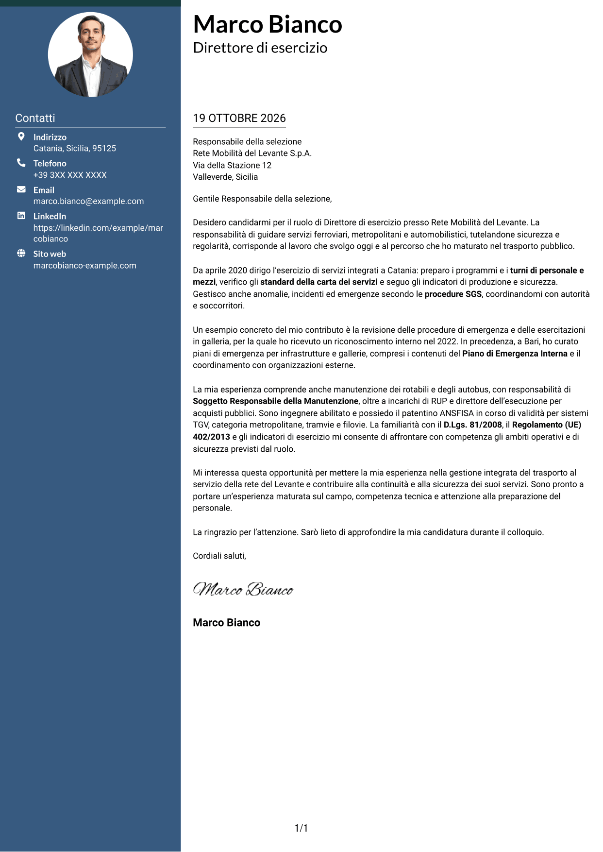 Lettera di presentazione Elegante (formato con colonna laterale colorata e foto): Direttore di esercizio - Trasporto ferroviario e metropolitano, pagina 1