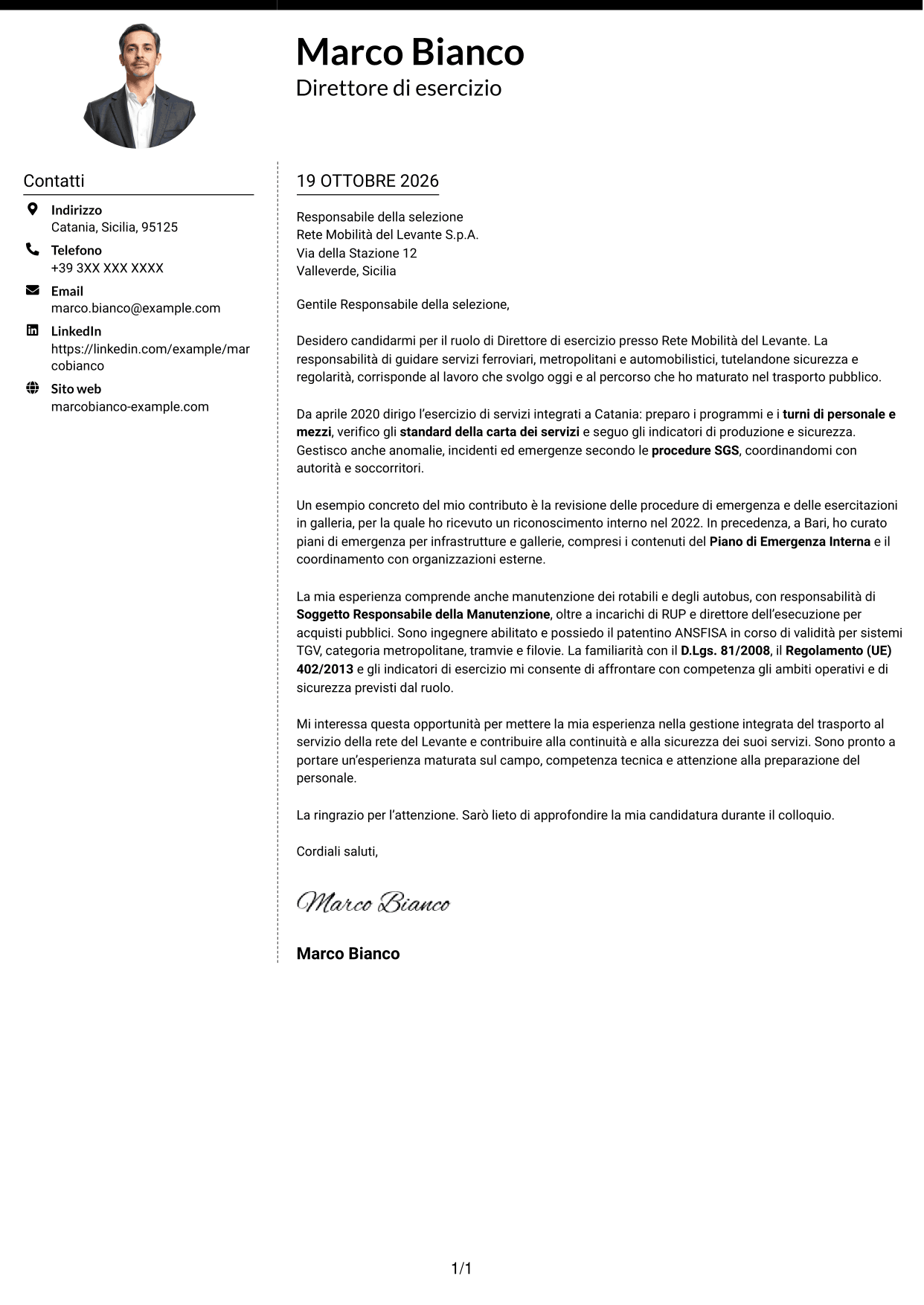 Lettera di presentazione Moderno (formato a due colonne con foto a sinistra e separatore): Direttore di esercizio - Trasporto ferroviario e metropolitano, pagina 1