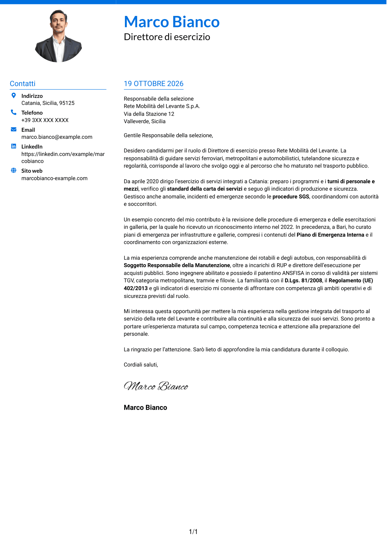 Lettera di presentazione Audace (formato a due colonne con accenti colorati e foto): Direttore di esercizio - Trasporto ferroviario e metropolitano, pagina 1