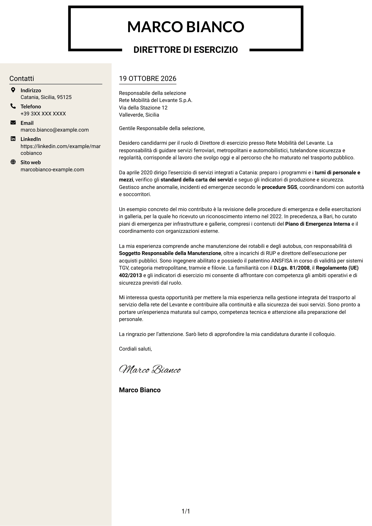 Lettera di presentazione Intraprendente (formato a due colonne con intestazione centrata senza foto): Direttore di esercizio - Trasporto ferroviario e metropolitano, pagina 1