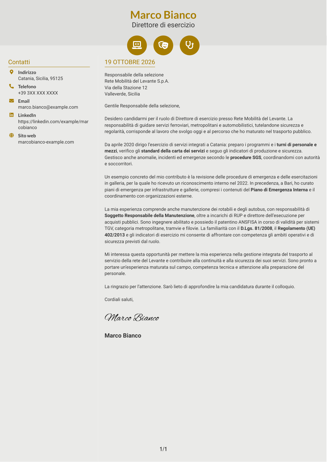 Lettera di presentazione Dinamico (formato a due colonne con icone): Direttore di esercizio - Trasporto ferroviario e metropolitano, pagina 1
