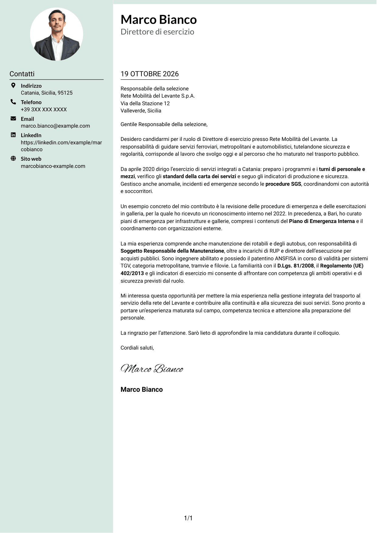 Lettera di presentazione Dirigente (formato con colonna laterale tenue e foto arrotondata): Direttore di esercizio - Trasporto ferroviario e metropolitano, pagina 1