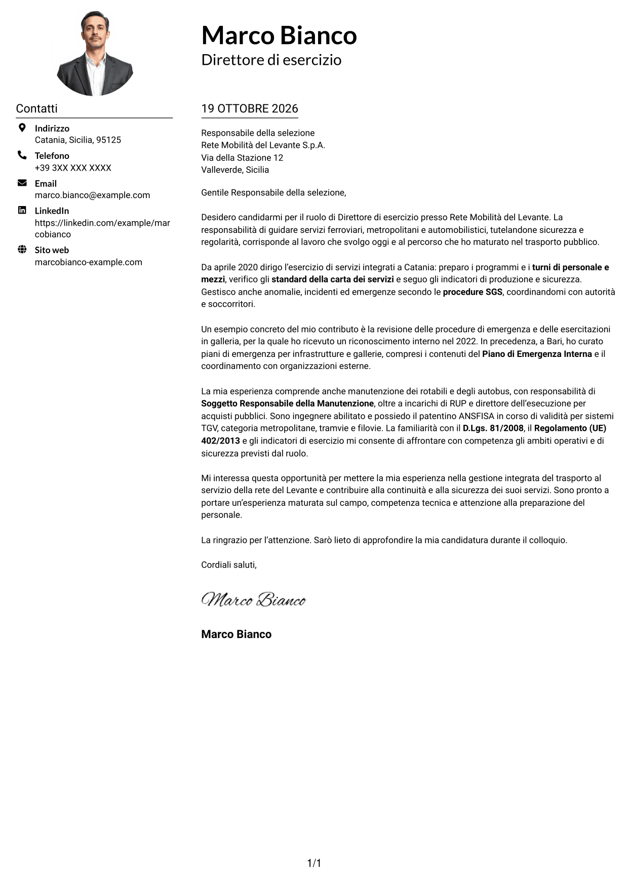 Esempio di lettera di presentazione — pagina 1