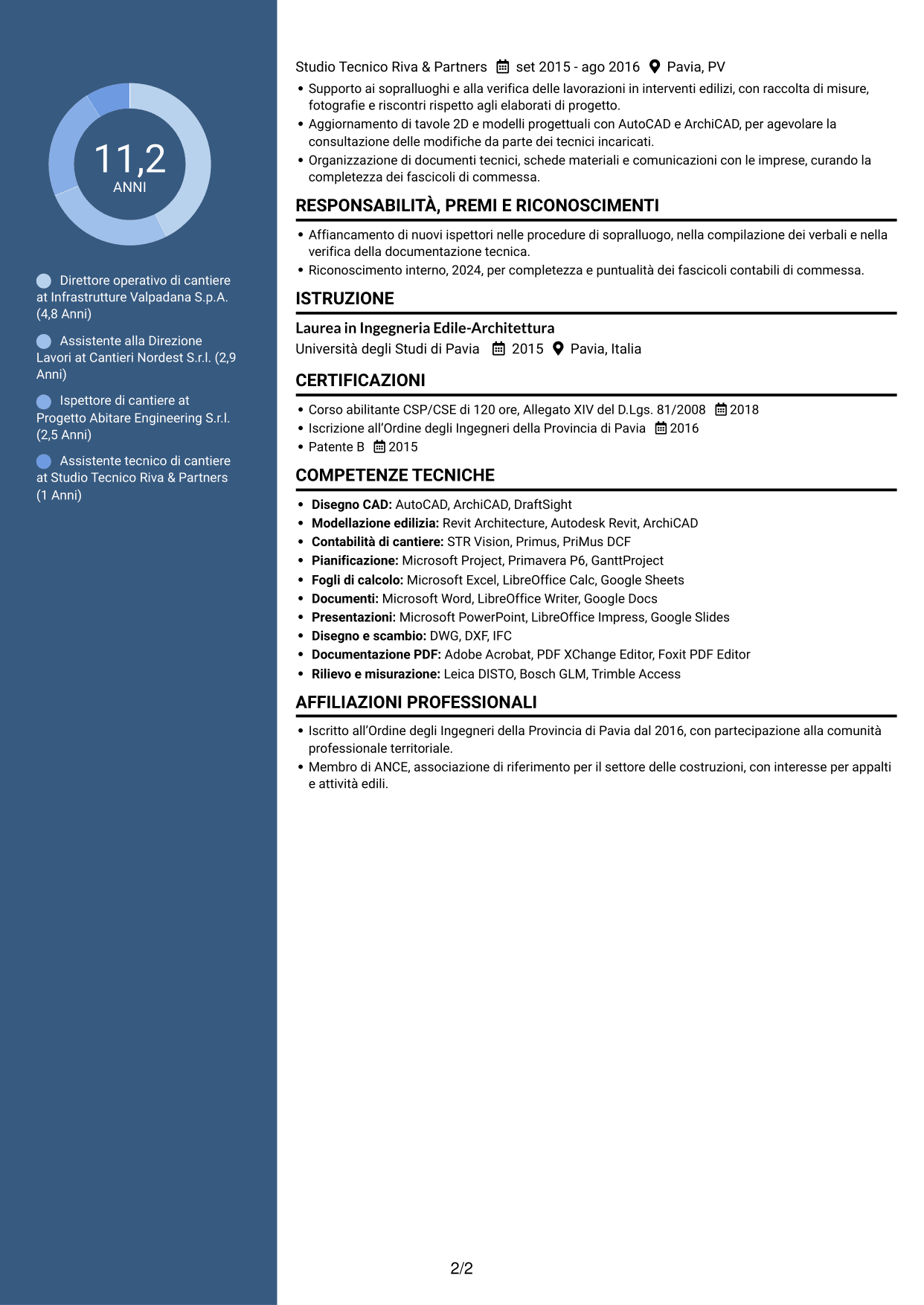 CV Elegante (formato con colonna laterale colorata e foto): Direttore operativo - Appalti pubblici ed edilizia, pagina 2