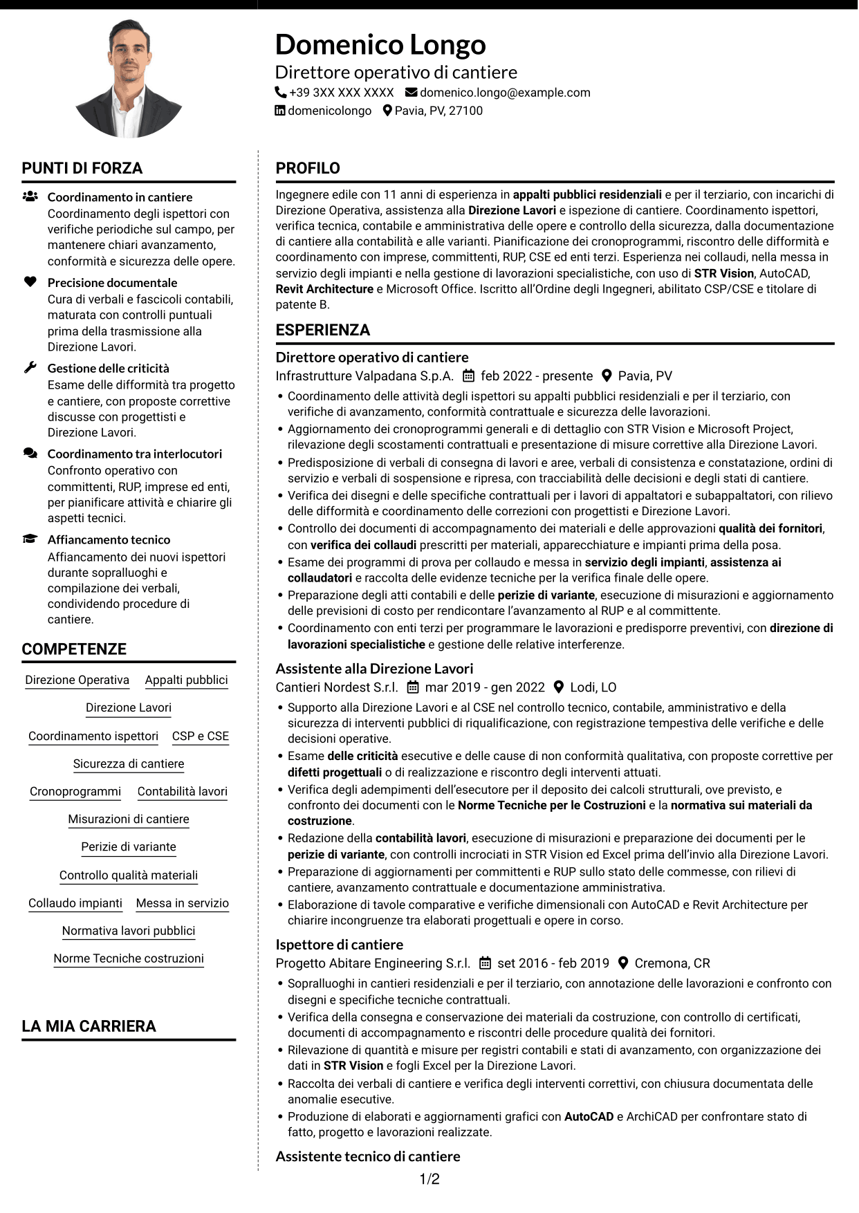 CV Moderno (formato a due colonne con foto a sinistra e separatore): Direttore operativo - Appalti pubblici ed edilizia, pagina 1