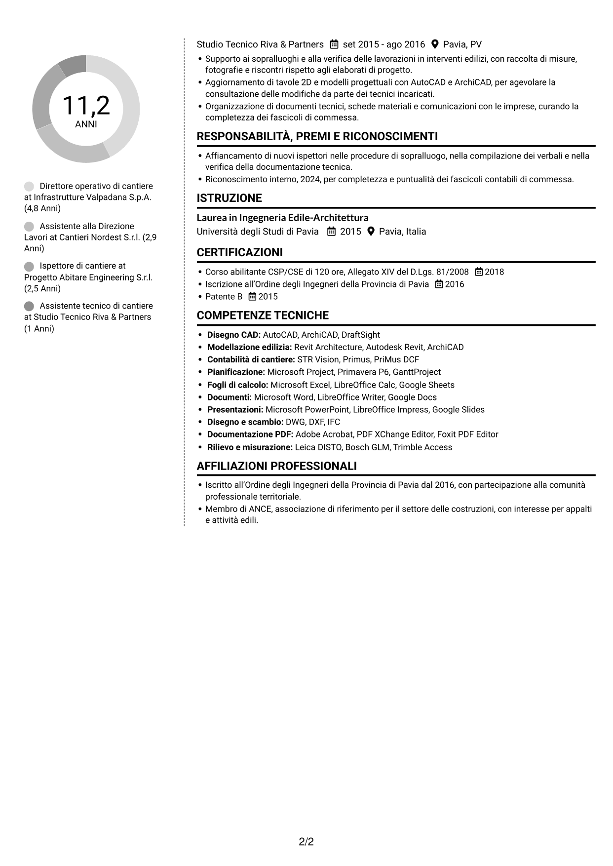 CV Moderno (formato a due colonne con foto a sinistra e separatore): Direttore operativo - Appalti pubblici ed edilizia, pagina 2