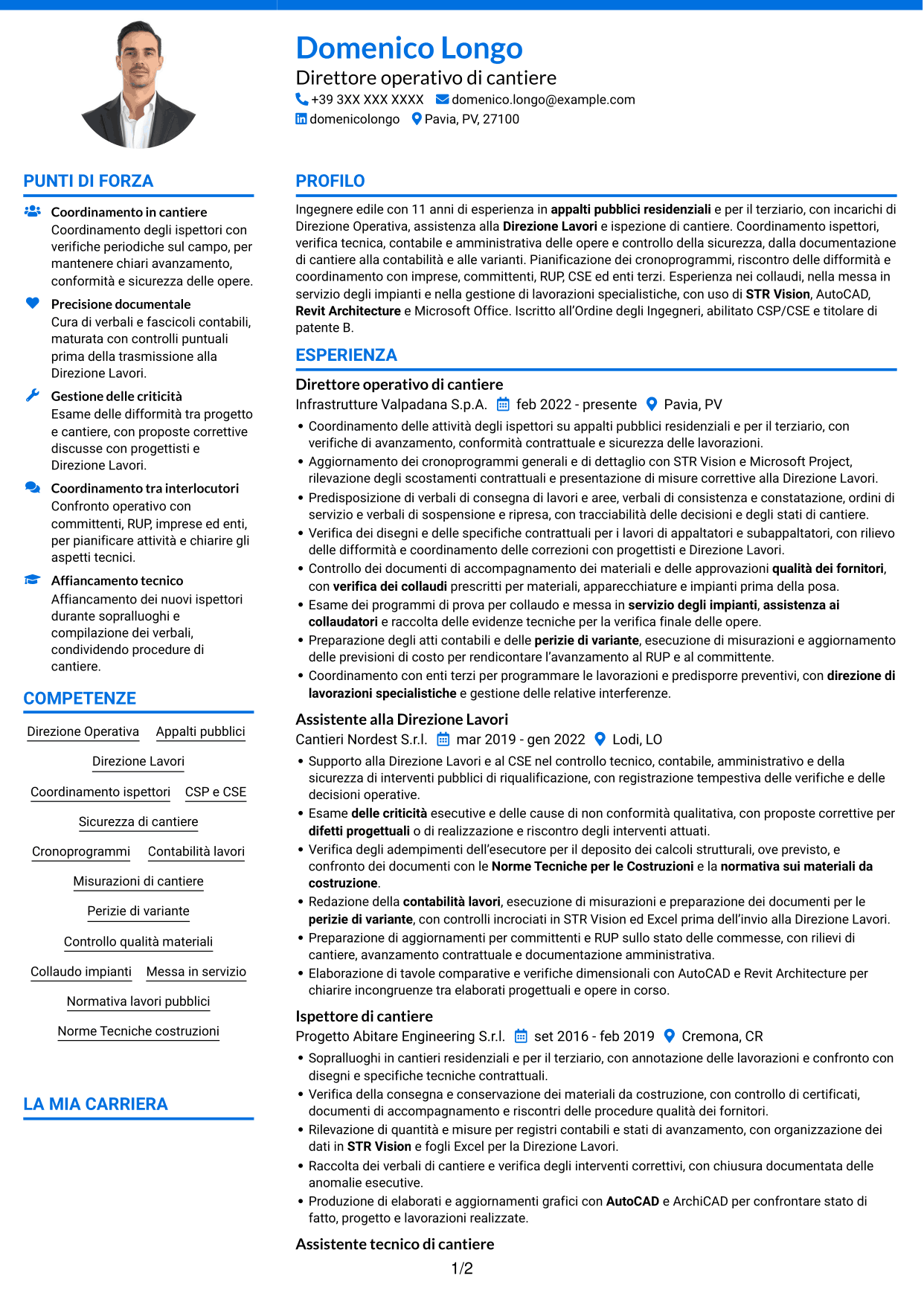 CV Audace (formato a due colonne con accenti colorati e foto): Direttore operativo - Appalti pubblici ed edilizia, pagina 1