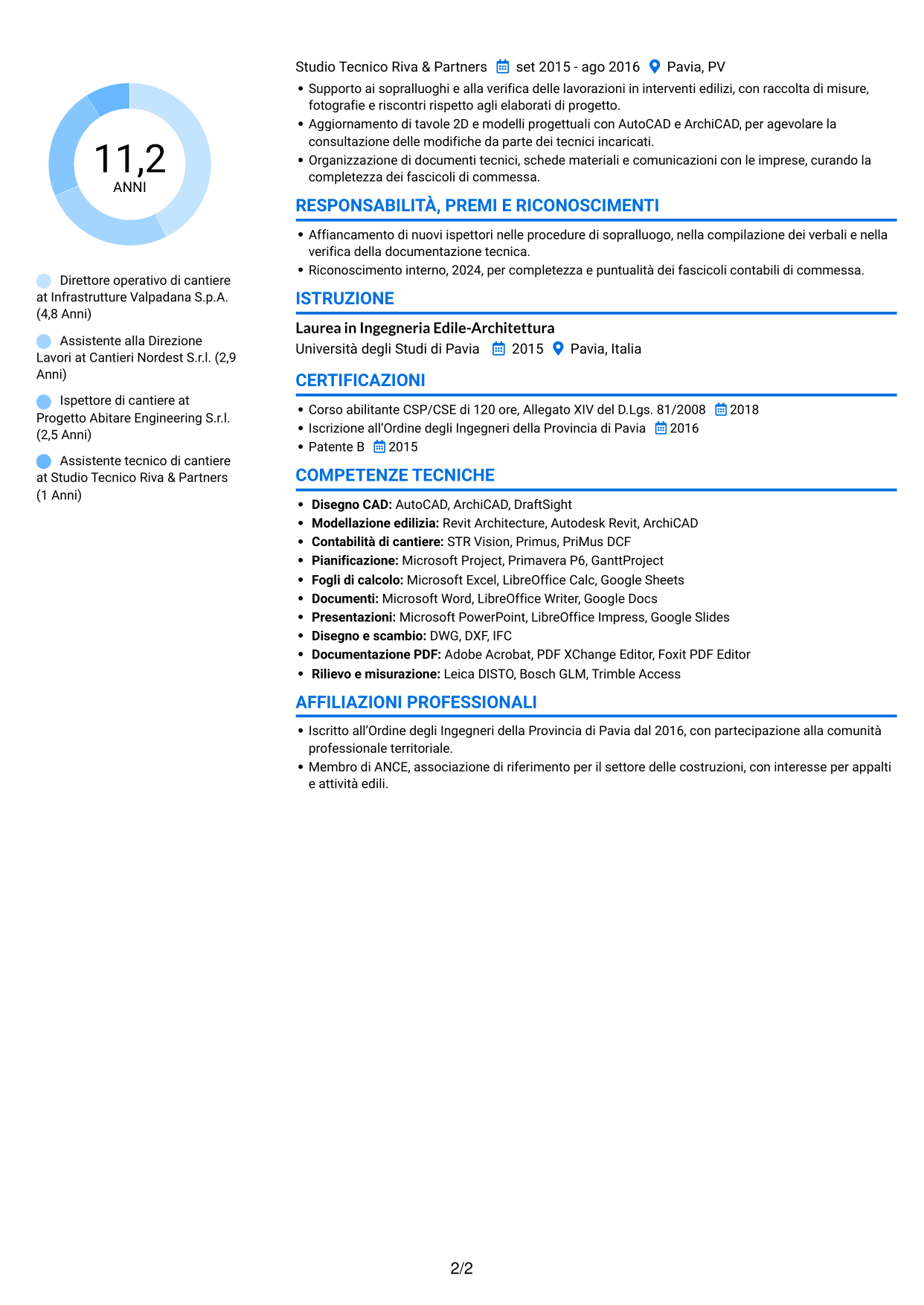 CV Audace (formato a due colonne con accenti colorati e foto): Direttore operativo - Appalti pubblici ed edilizia, pagina 2