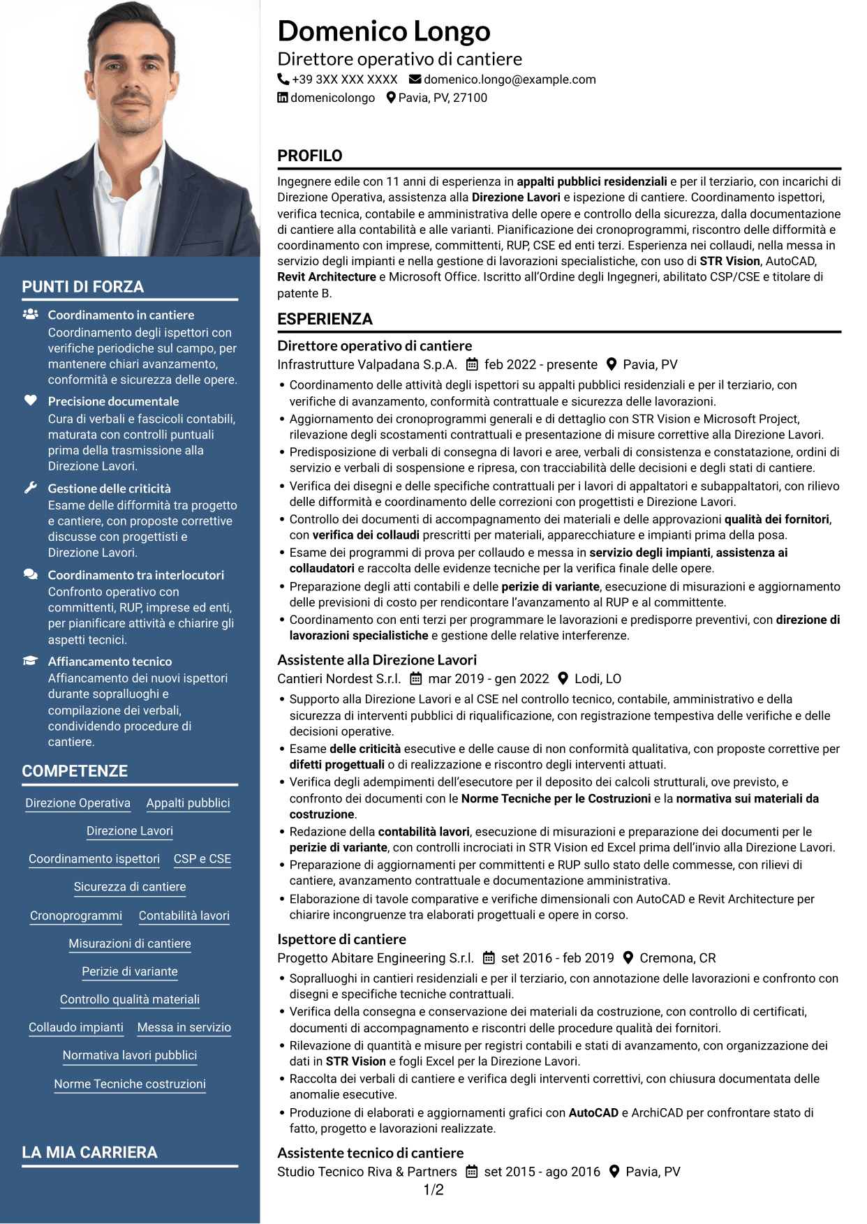 CV Signature (formato con colonna laterale colorata e foto grande): Direttore operativo - Appalti pubblici ed edilizia, pagina 1