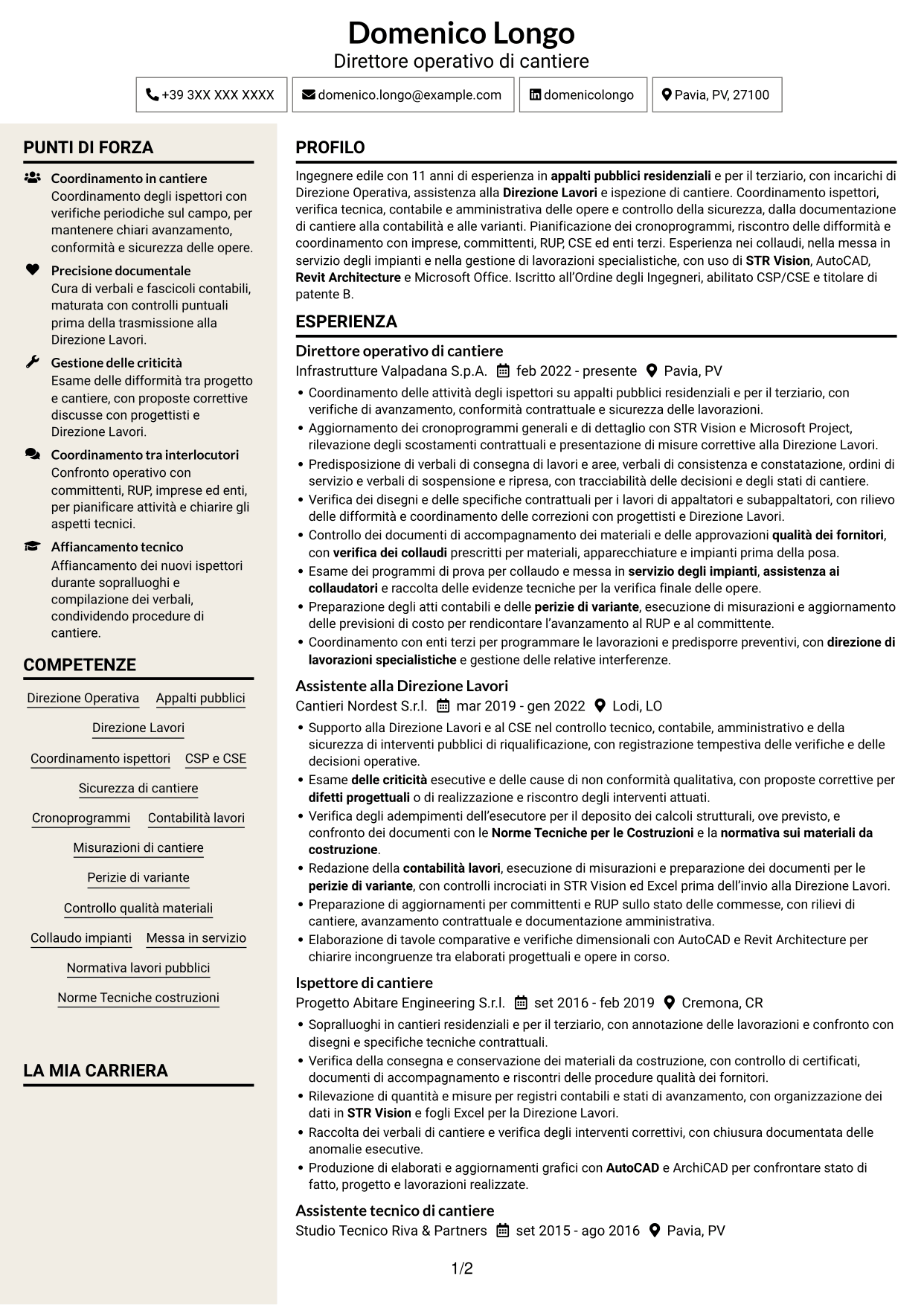 CV Intraprendente (formato a due colonne con intestazione centrata senza foto): Direttore operativo - Appalti pubblici ed edilizia, pagina 1