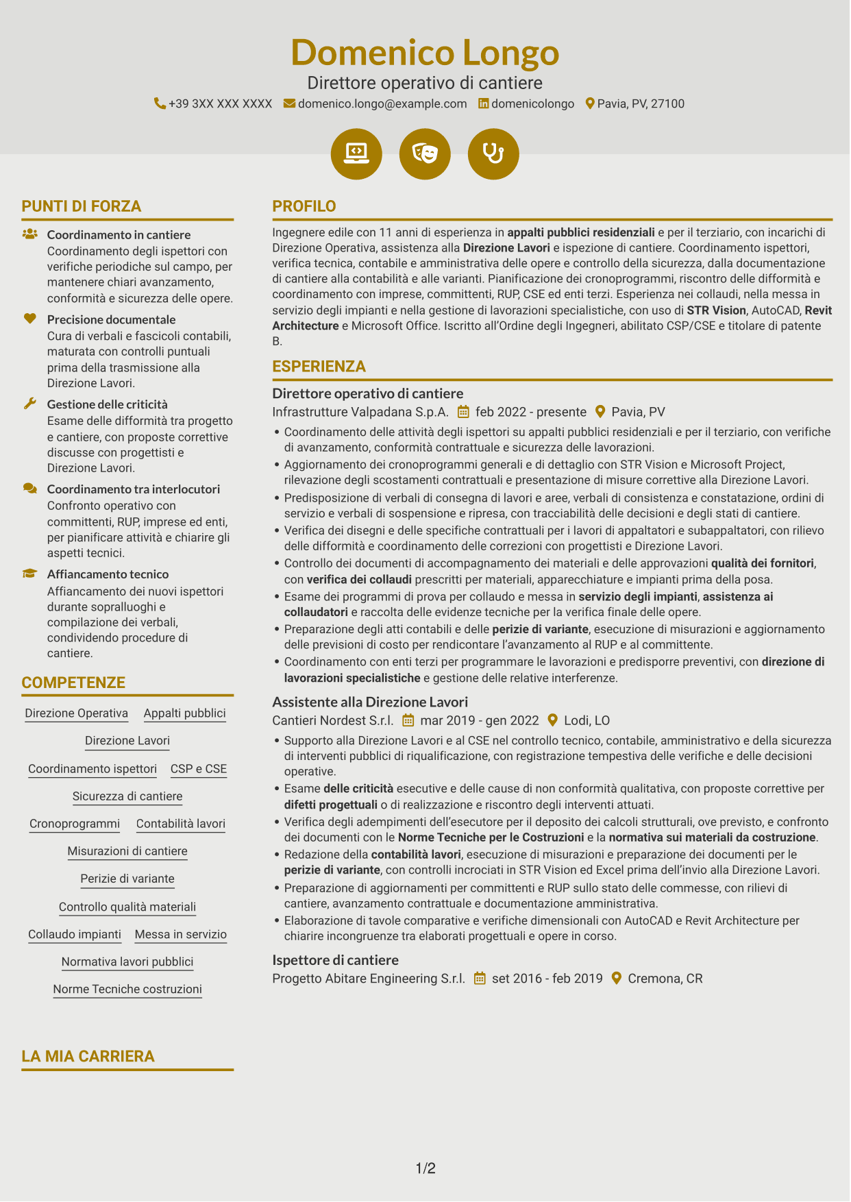 CV Dinamico (formato a due colonne con icone): Direttore operativo - Appalti pubblici ed edilizia, pagina 1