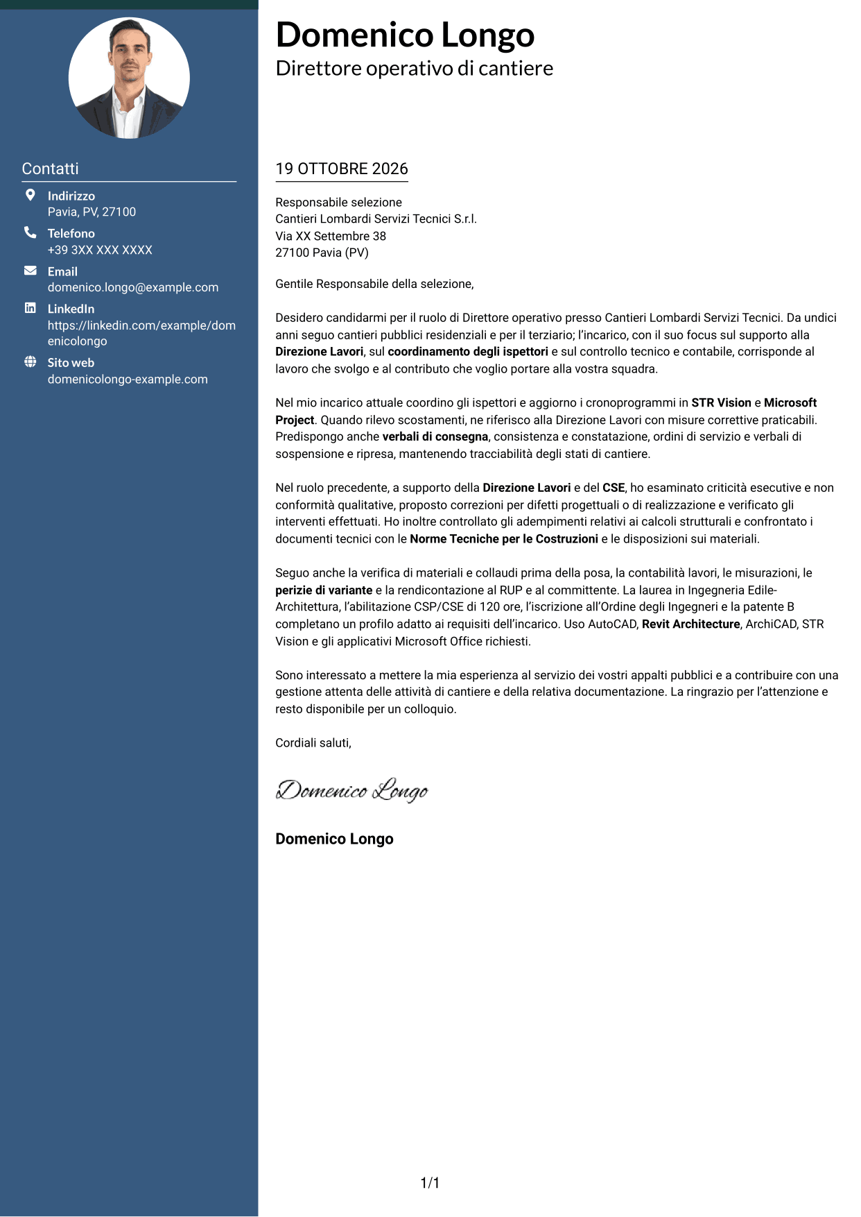 Lettera di presentazione Elegante (formato con colonna laterale colorata e foto): Direttore operativo - Appalti pubblici ed edilizia, pagina 1