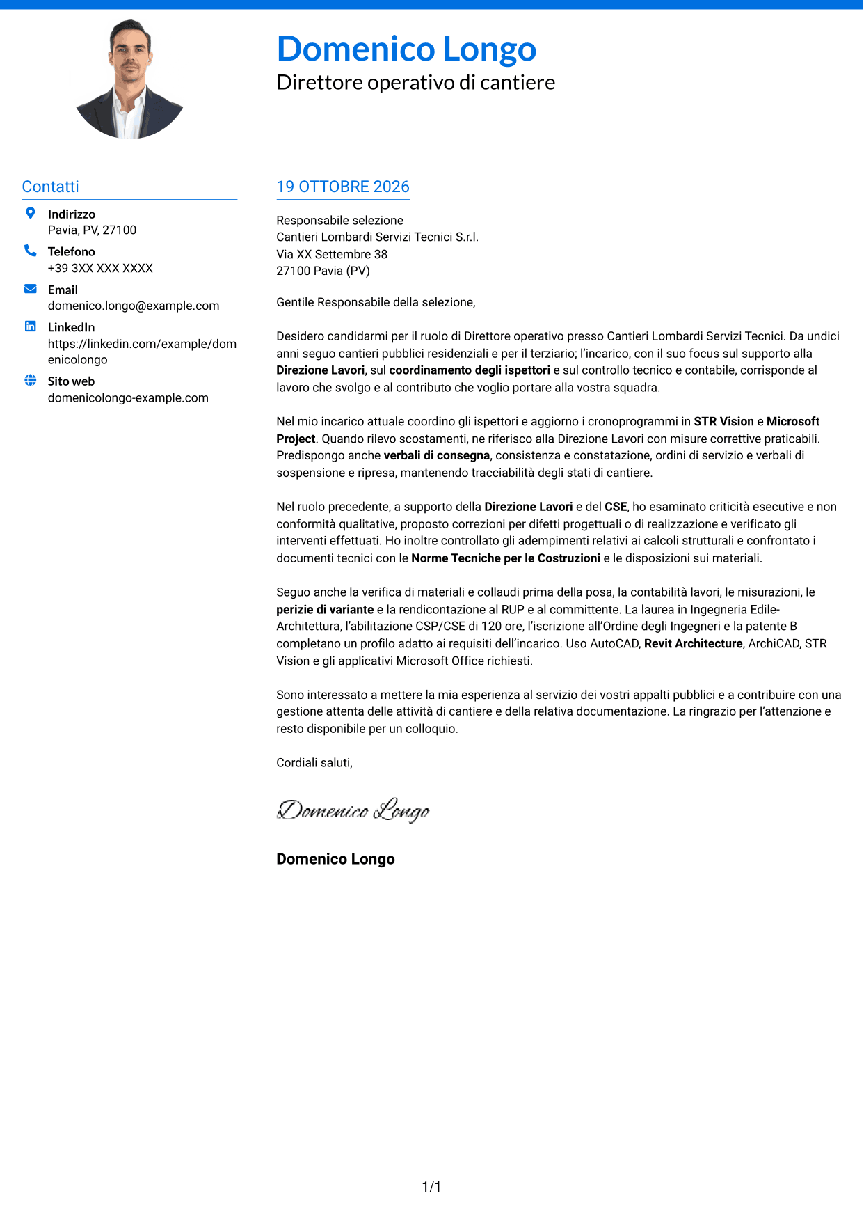 Lettera di presentazione Audace (formato a due colonne con accenti colorati e foto): Direttore operativo - Appalti pubblici ed edilizia, pagina 1