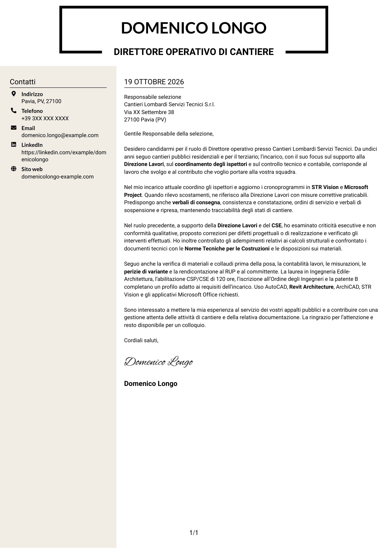 Lettera di presentazione Intraprendente (formato a due colonne con intestazione centrata senza foto): Direttore operativo - Appalti pubblici ed edilizia, pagina 1