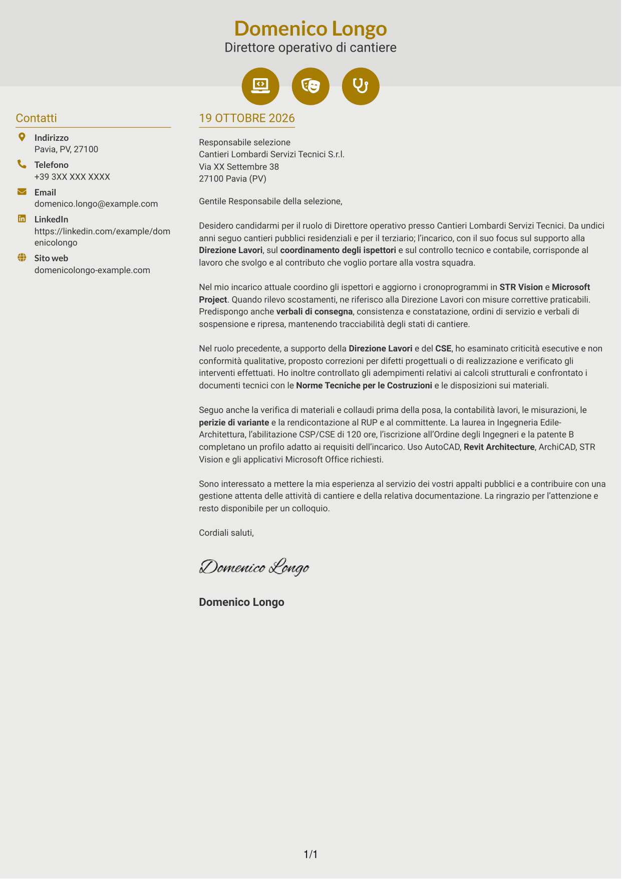 Lettera di presentazione Dinamico (formato a due colonne con icone): Direttore operativo - Appalti pubblici ed edilizia, pagina 1