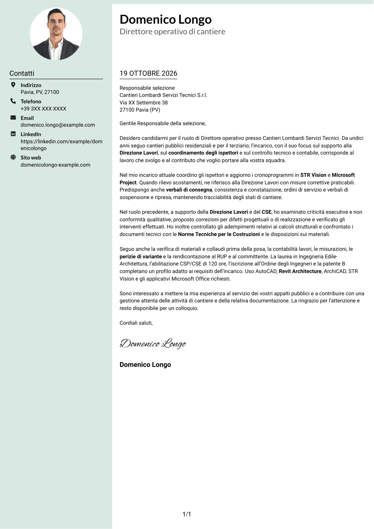 Lettera di presentazione Dirigente (formato con colonna laterale tenue e foto arrotondata): Direttore operativo - Appalti pubblici ed edilizia, pagina 1
