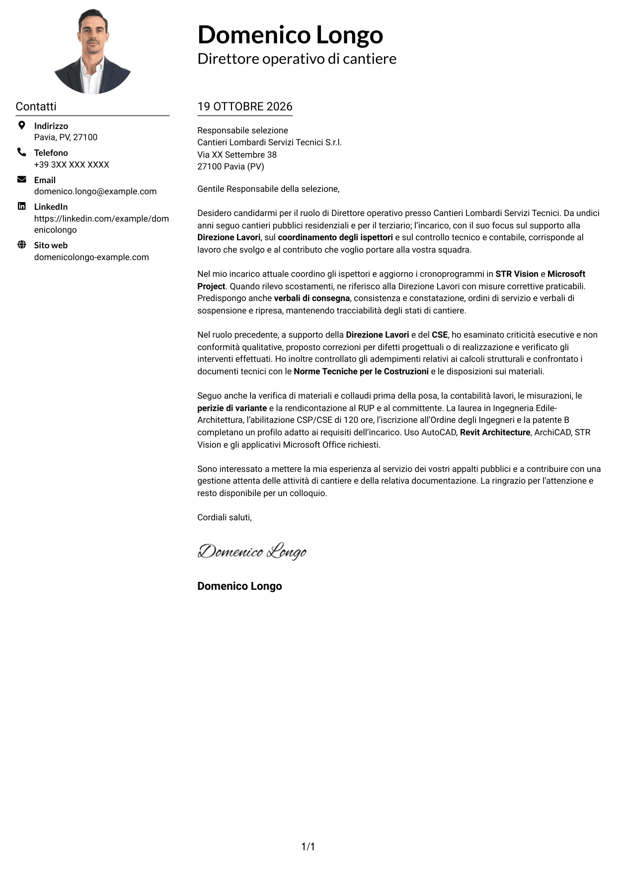 Esempio di lettera di presentazione — pagina 1