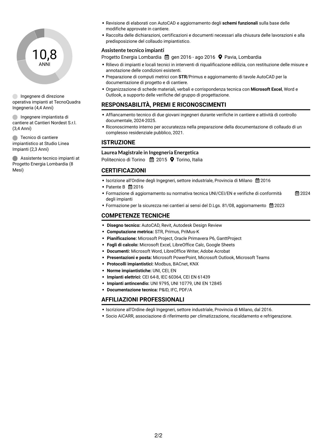 CV Compatto (formato sobrio a due colonne con foto): Direttore operativo impianti, pagina 2