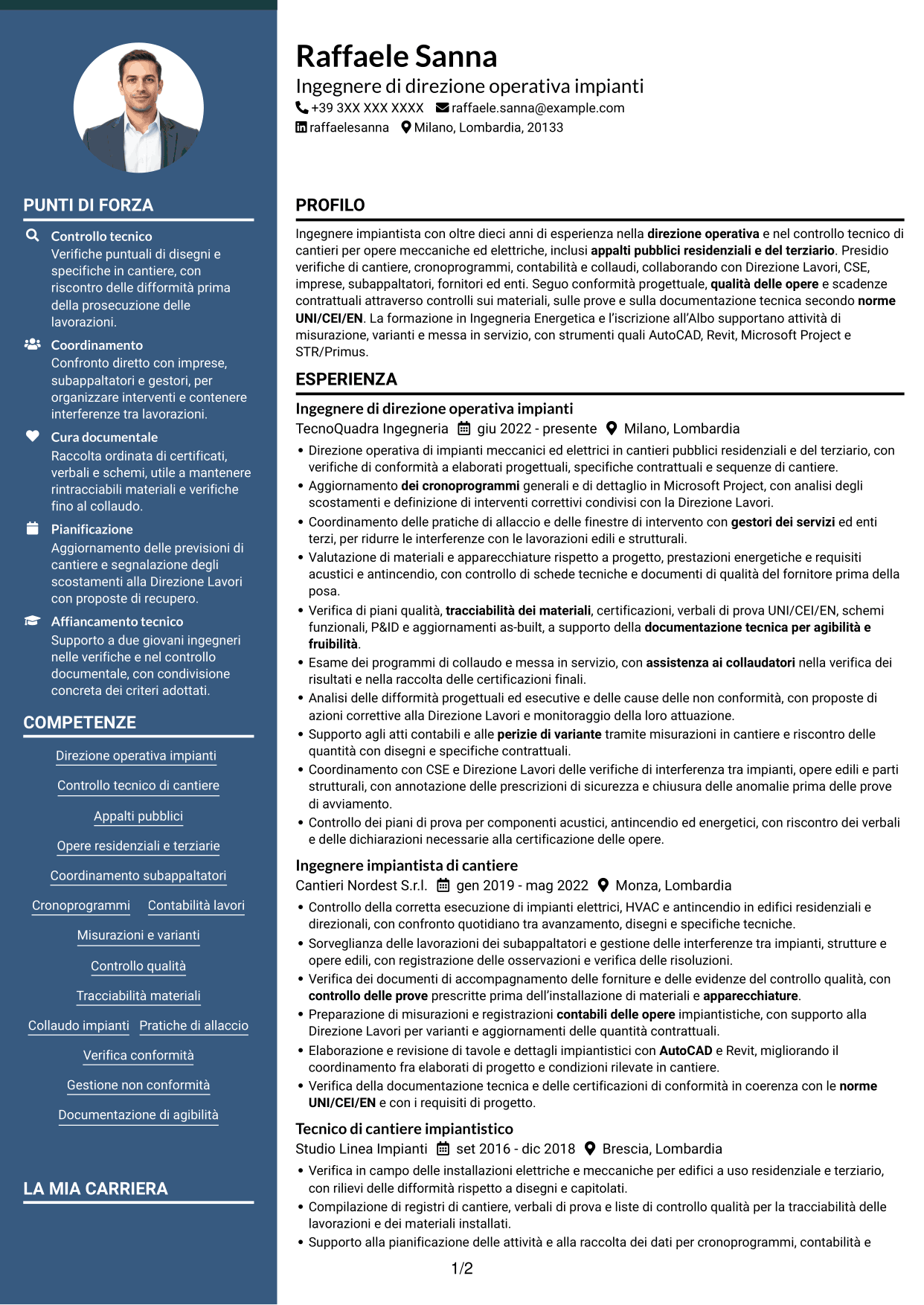 CV Elegante (formato con colonna laterale colorata e foto): Direttore operativo impianti, pagina 1