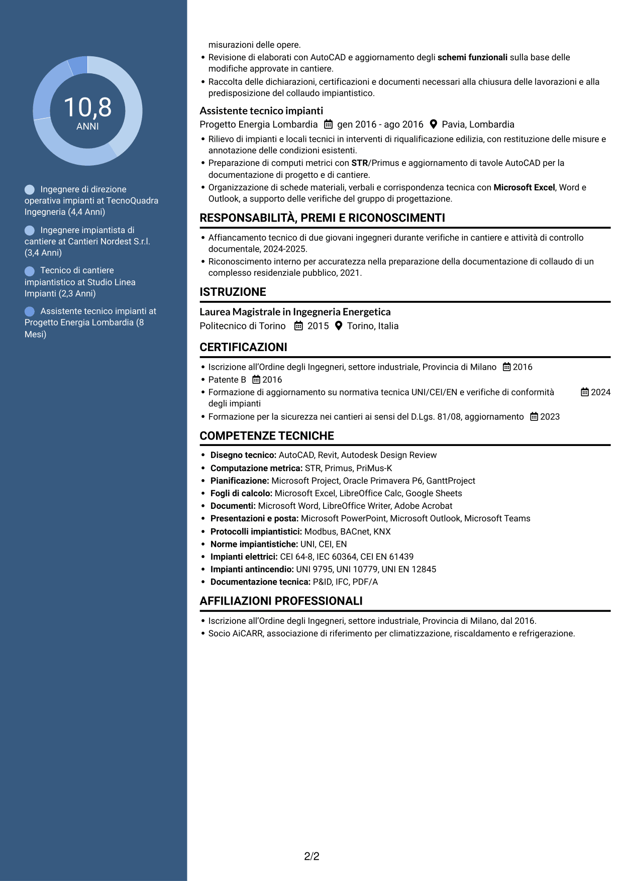 CV Elegante (formato con colonna laterale colorata e foto): Direttore operativo impianti, pagina 2