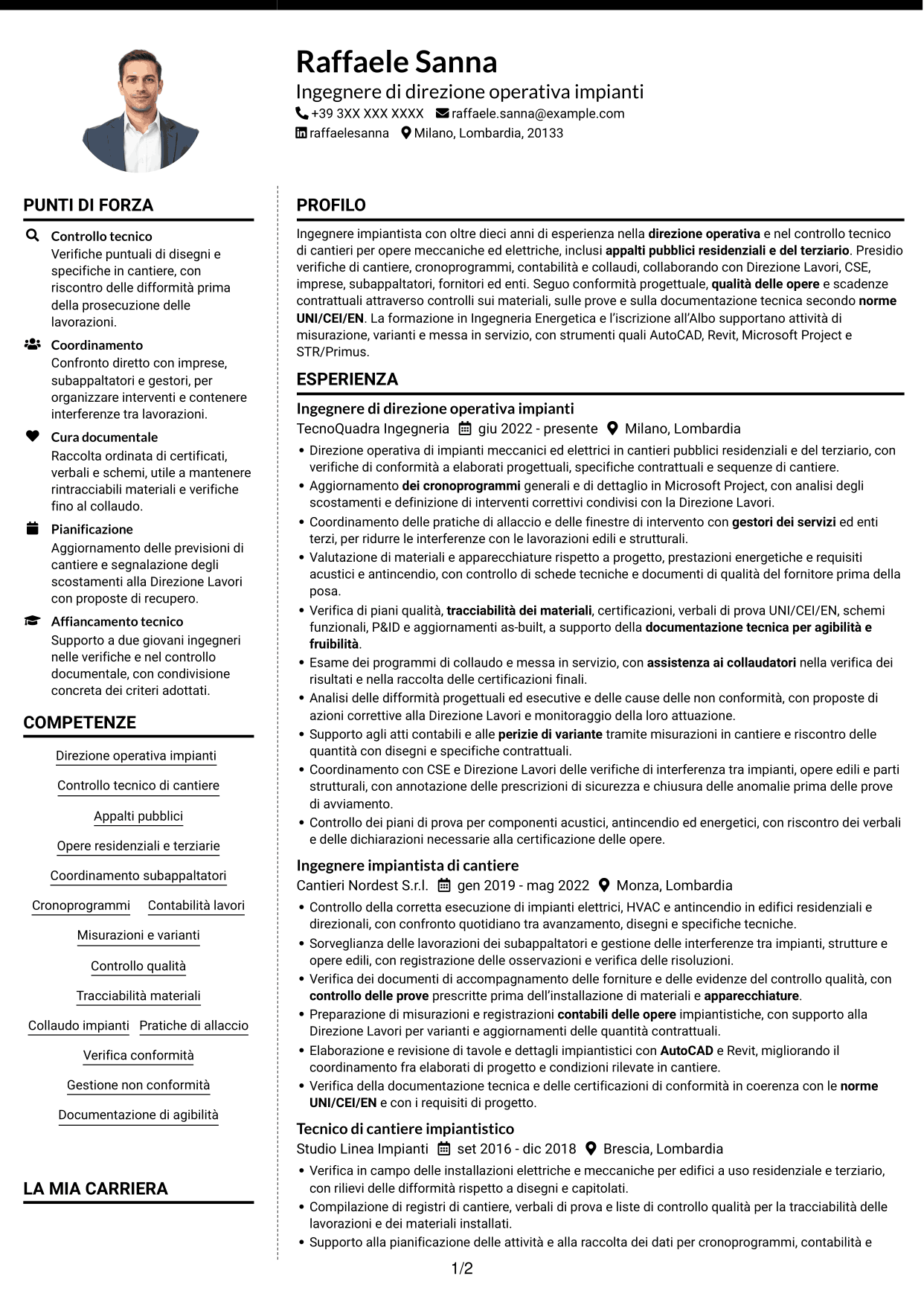 CV Moderno (formato a due colonne con foto a sinistra e separatore): Direttore operativo impianti, pagina 1