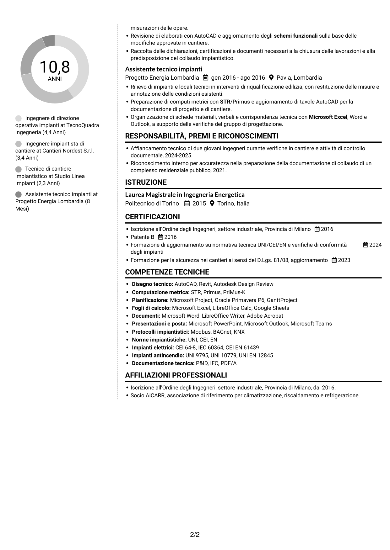 CV Moderno (formato a due colonne con foto a sinistra e separatore): Direttore operativo impianti, pagina 2
