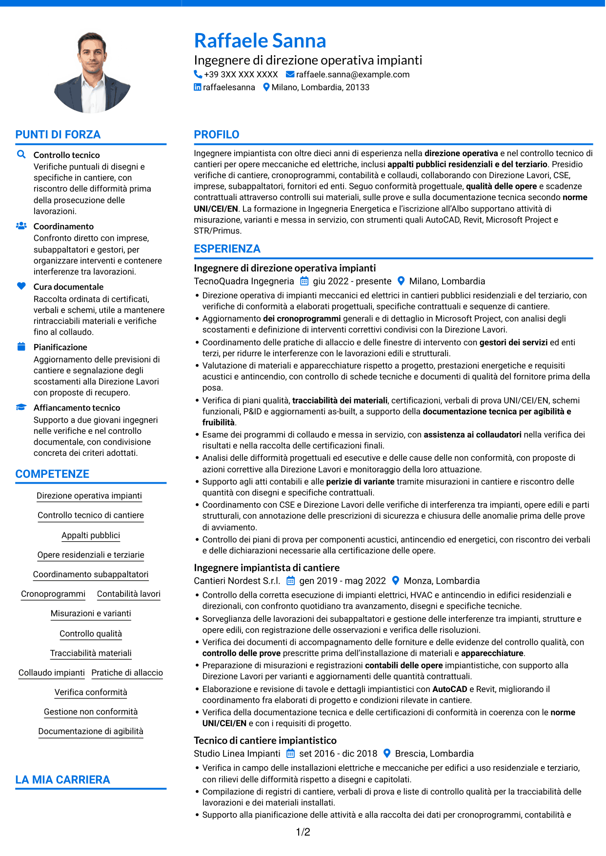 CV Audace (formato a due colonne con accenti colorati e foto): Direttore operativo impianti, pagina 1