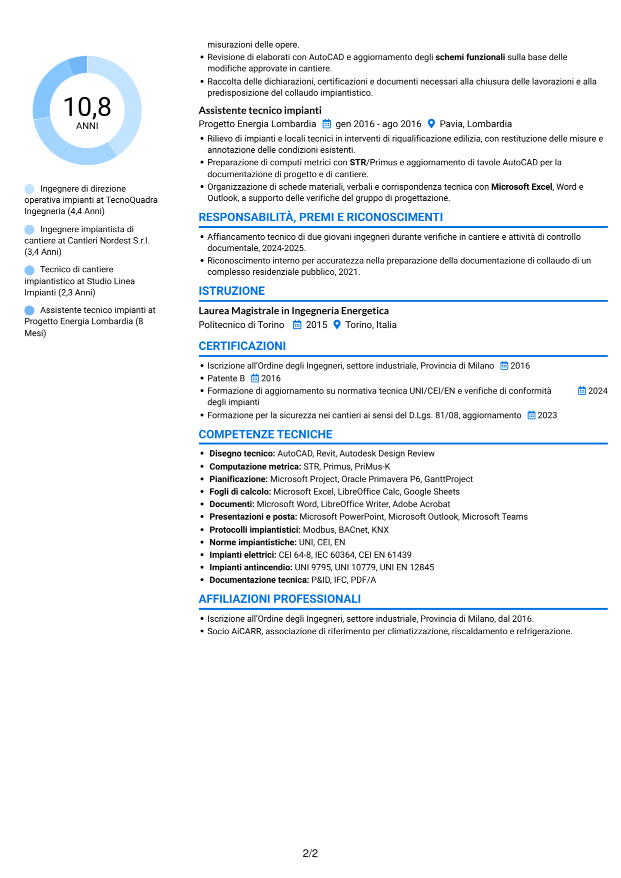 CV Audace (formato a due colonne con accenti colorati e foto): Direttore operativo impianti, pagina 2