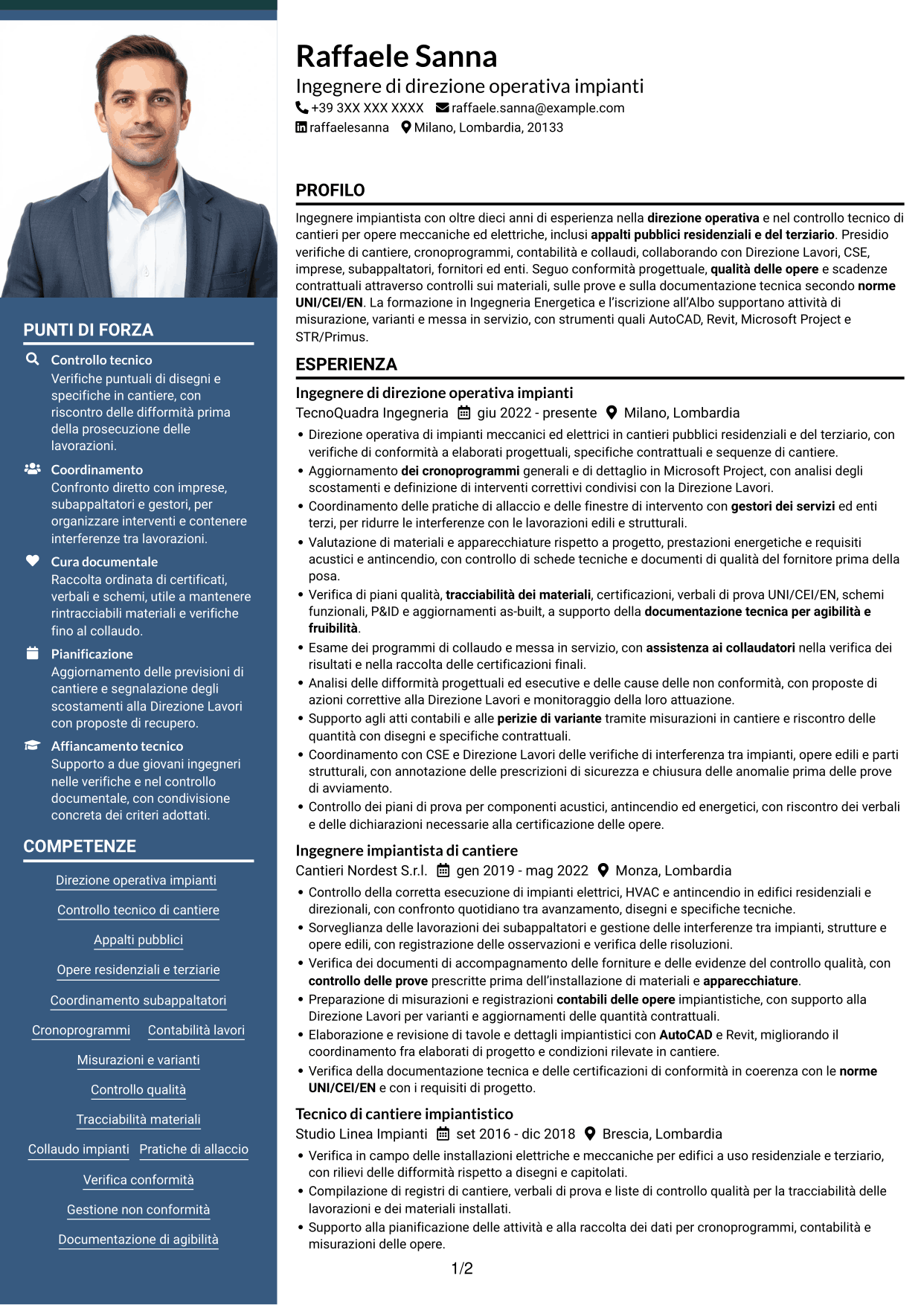CV Signature (formato con colonna laterale colorata e foto grande): Direttore operativo impianti, pagina 1