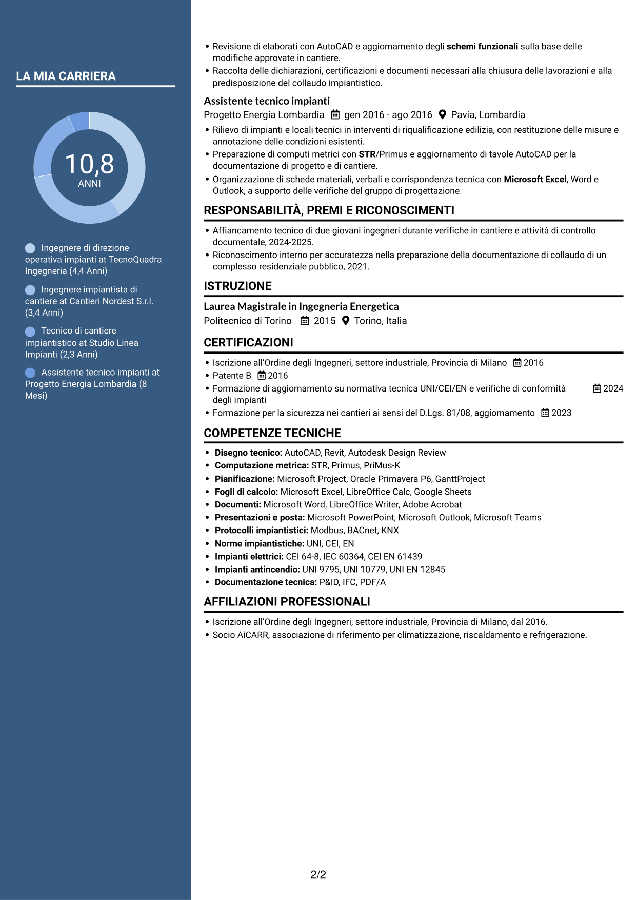 CV Signature (formato con colonna laterale colorata e foto grande): Direttore operativo impianti, pagina 2