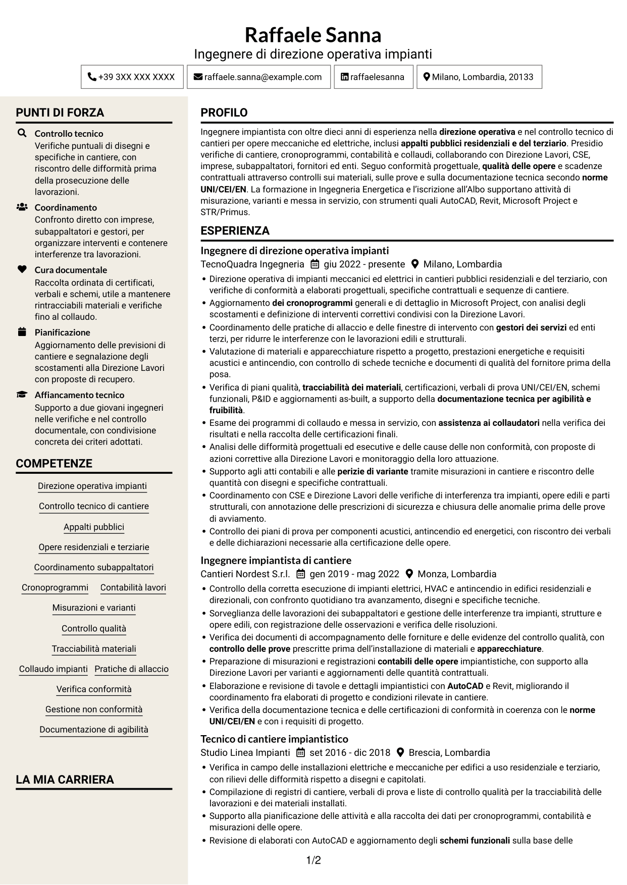 CV Intraprendente (formato a due colonne con intestazione centrata senza foto): Direttore operativo impianti, pagina 1