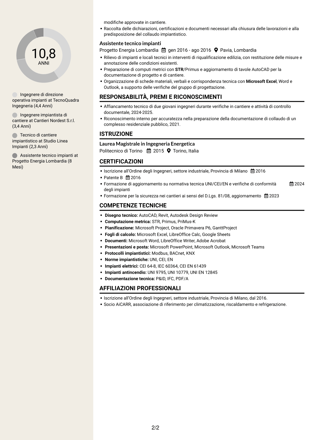 CV Intraprendente (formato a due colonne con intestazione centrata senza foto): Direttore operativo impianti, pagina 2