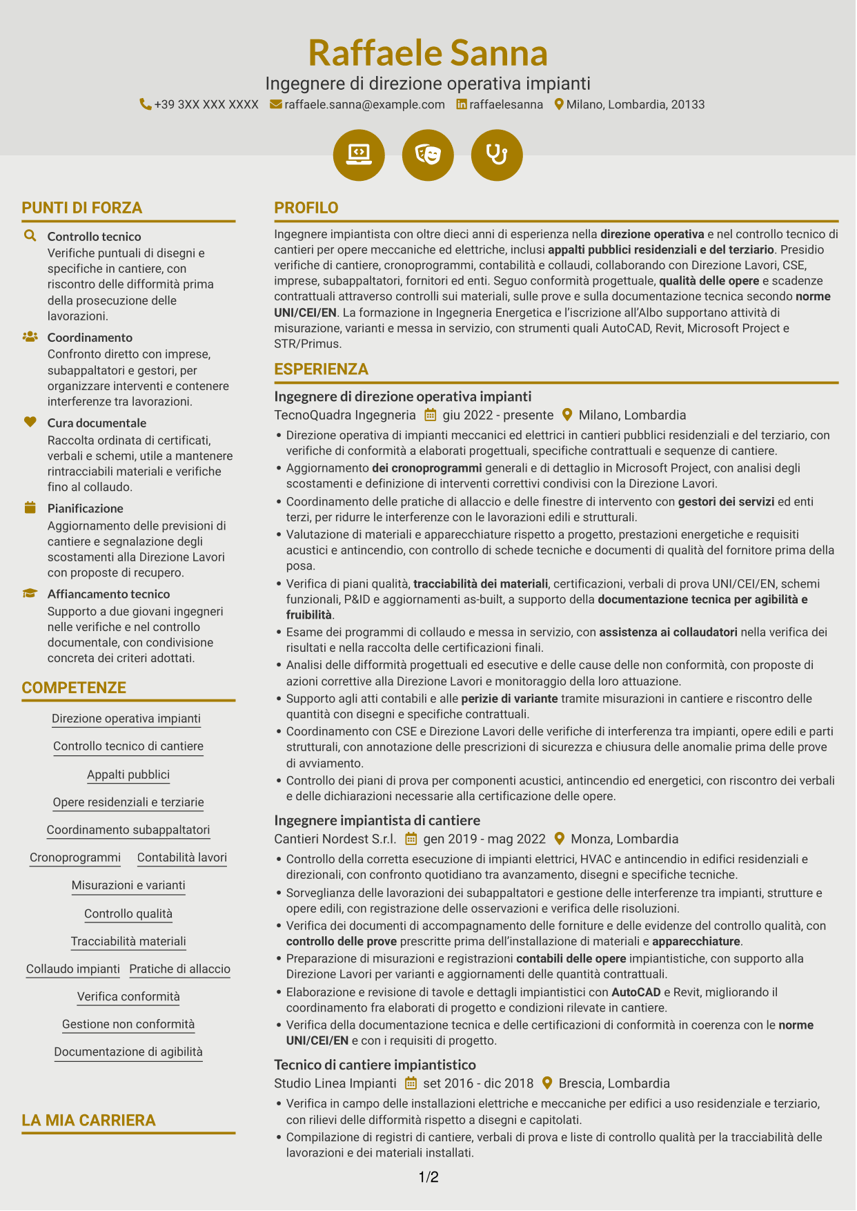 CV Dinamico (formato a due colonne con icone): Direttore operativo impianti, pagina 1