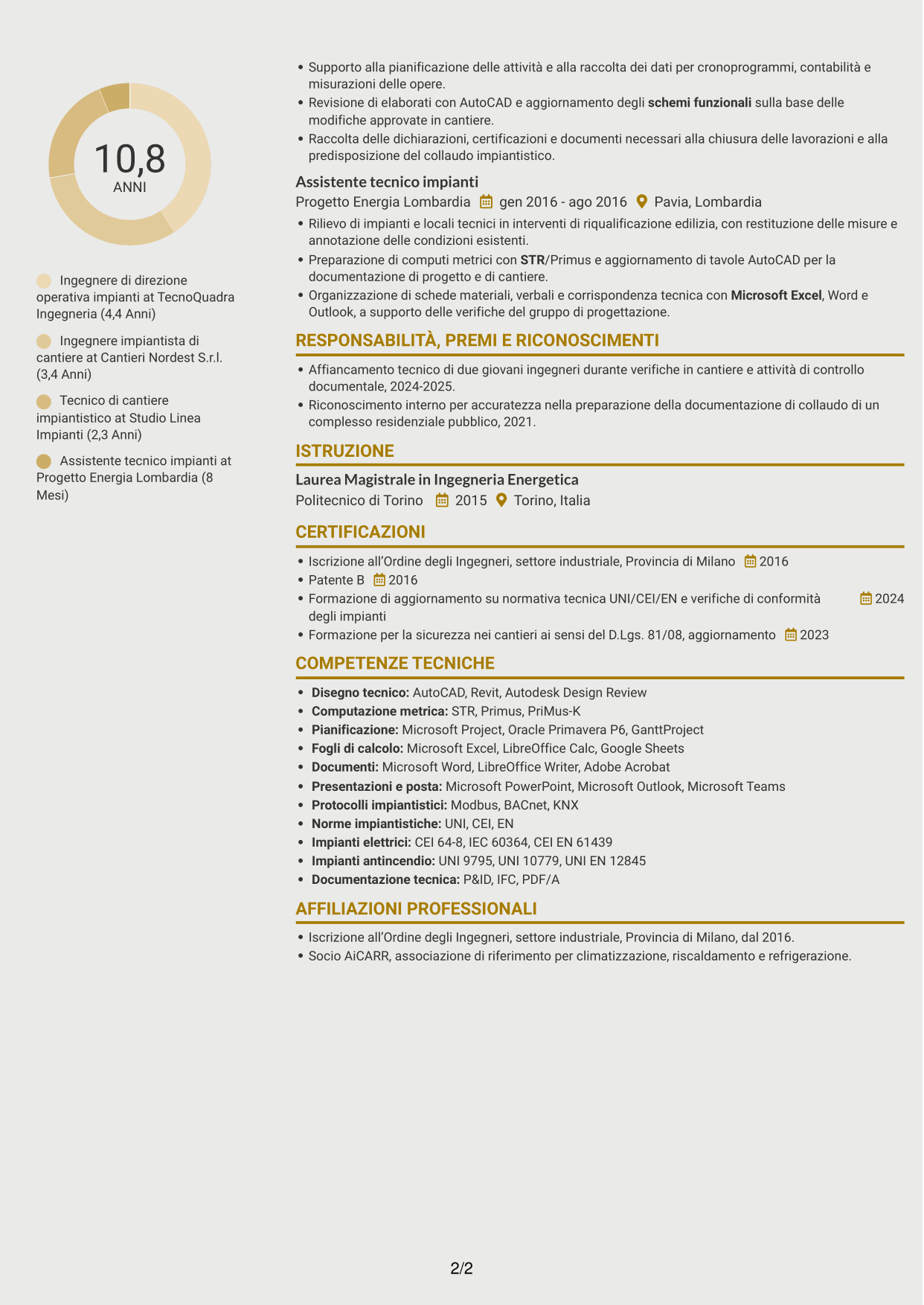 CV Dinamico (formato a due colonne con icone): Direttore operativo impianti, pagina 2