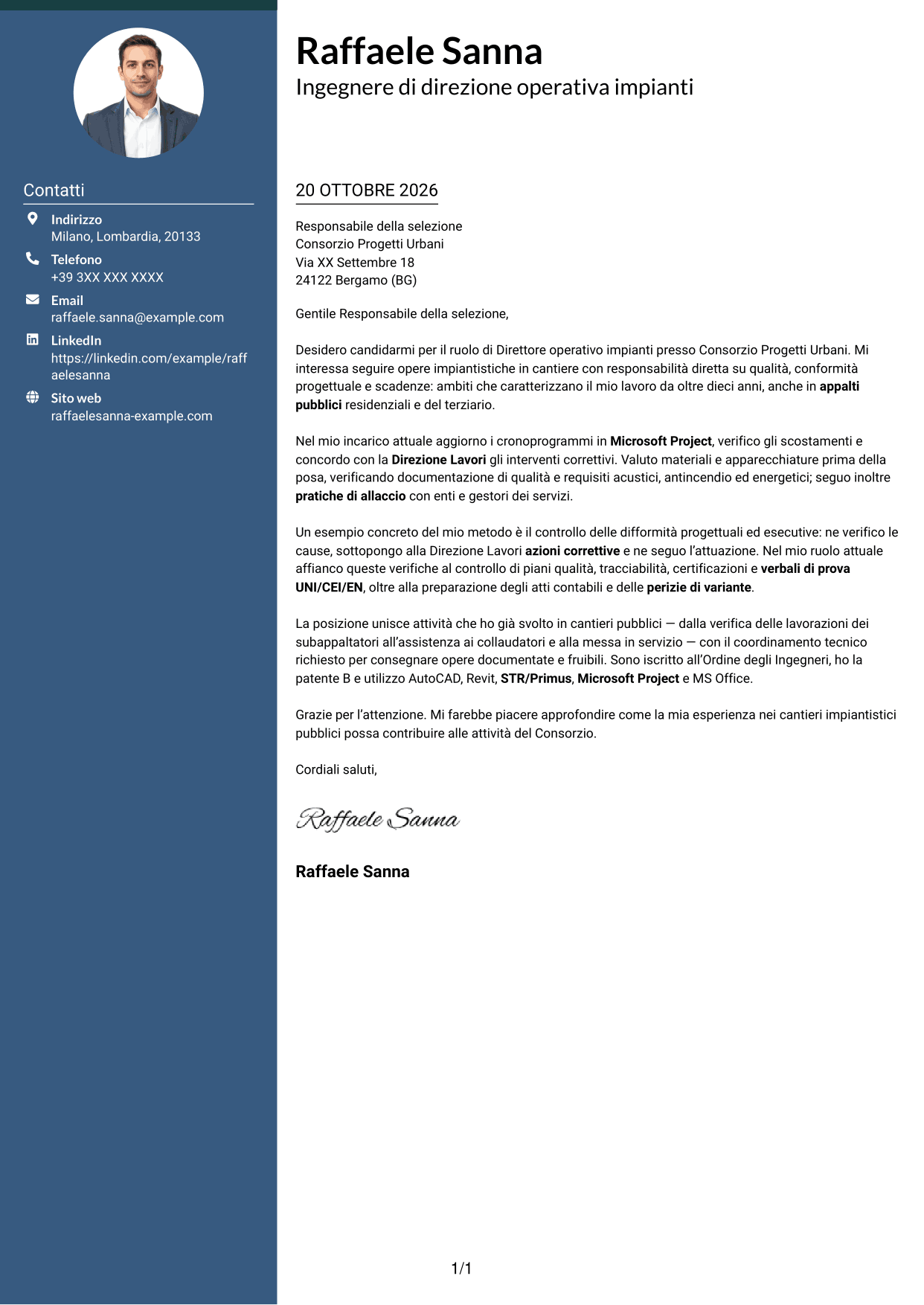 Lettera di presentazione Elegante (formato con colonna laterale colorata e foto): Direttore operativo impianti, pagina 1