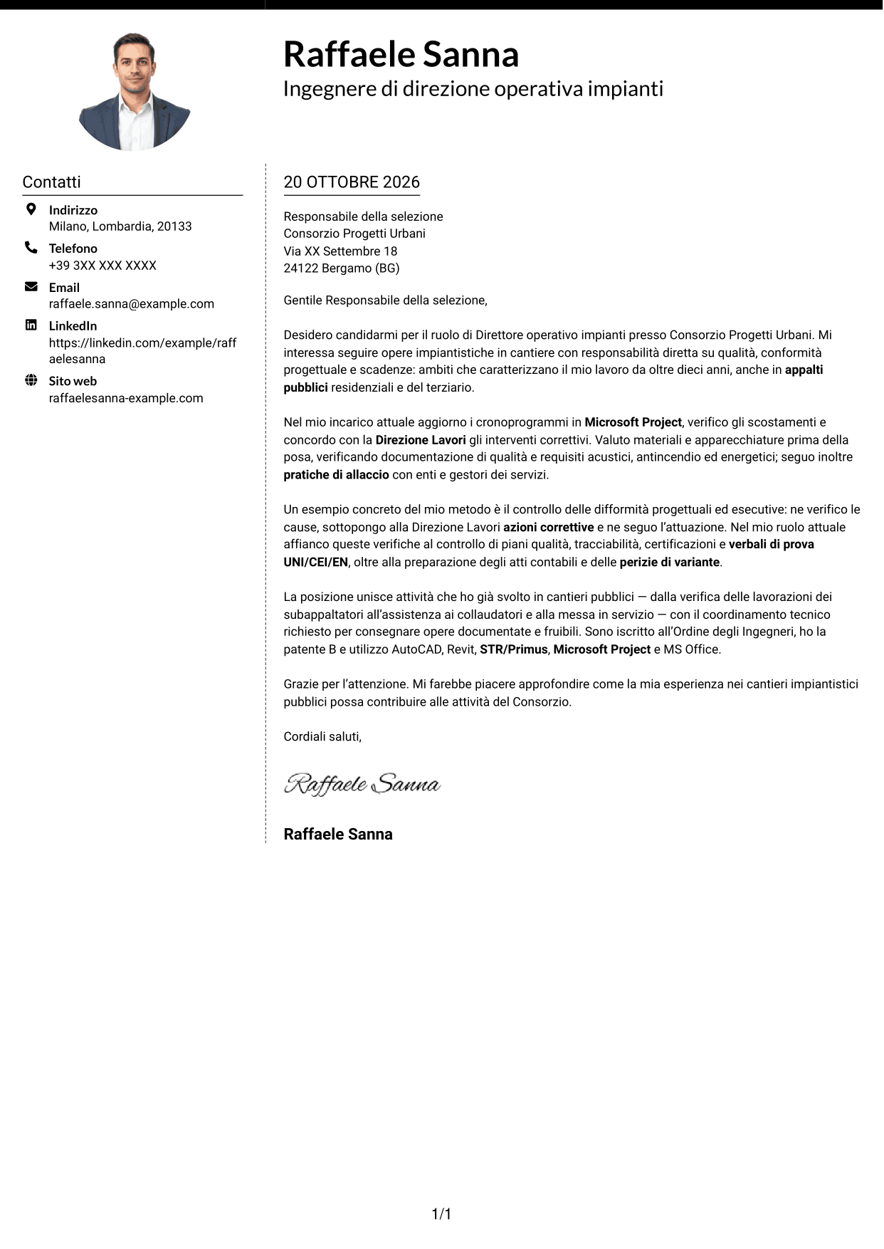 Lettera di presentazione Moderno (formato a due colonne con foto a sinistra e separatore): Direttore operativo impianti, pagina 1