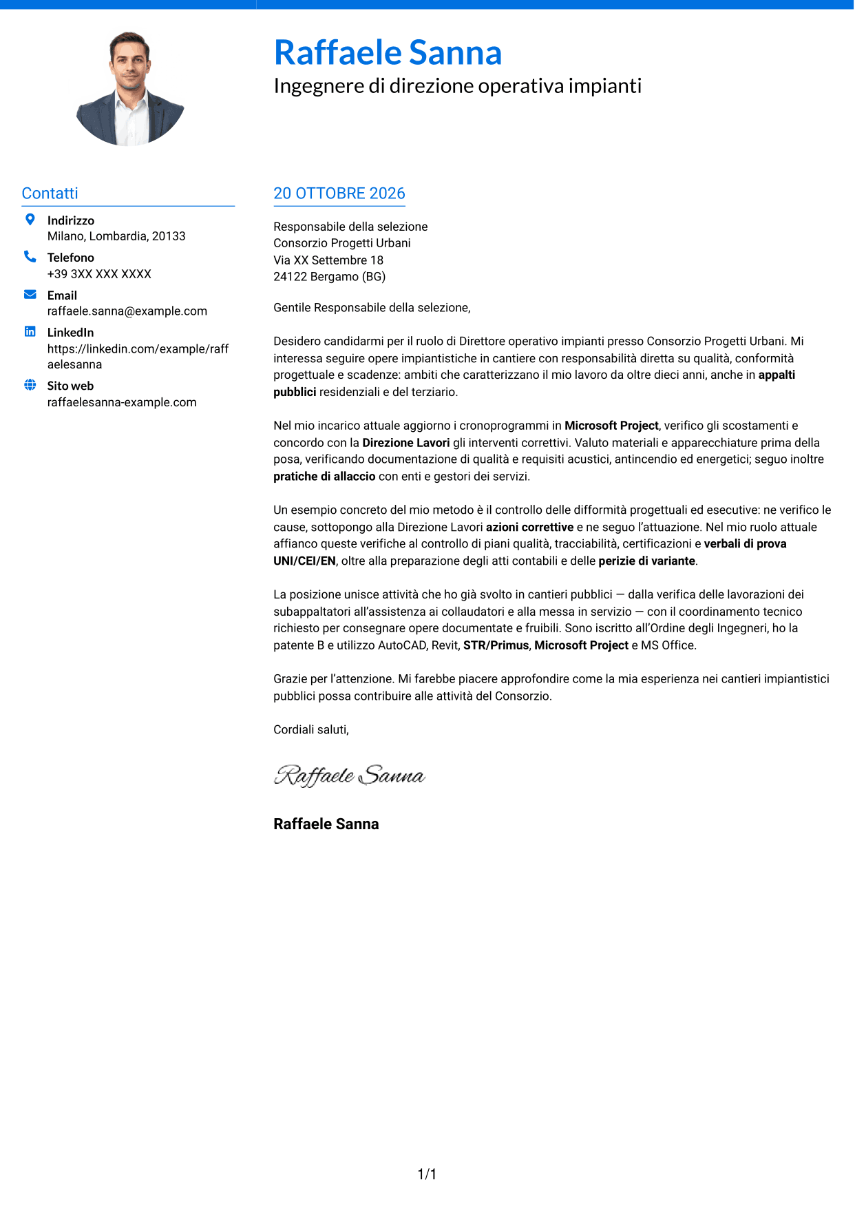 Lettera di presentazione Audace (formato a due colonne con accenti colorati e foto): Direttore operativo impianti, pagina 1