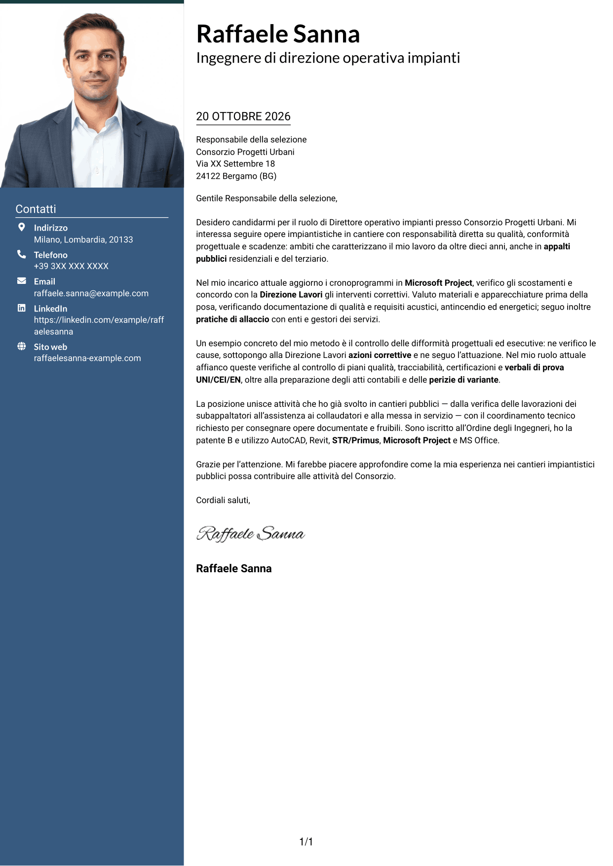 Lettera di presentazione Signature (formato con colonna laterale colorata e foto grande): Direttore operativo impianti, pagina 1