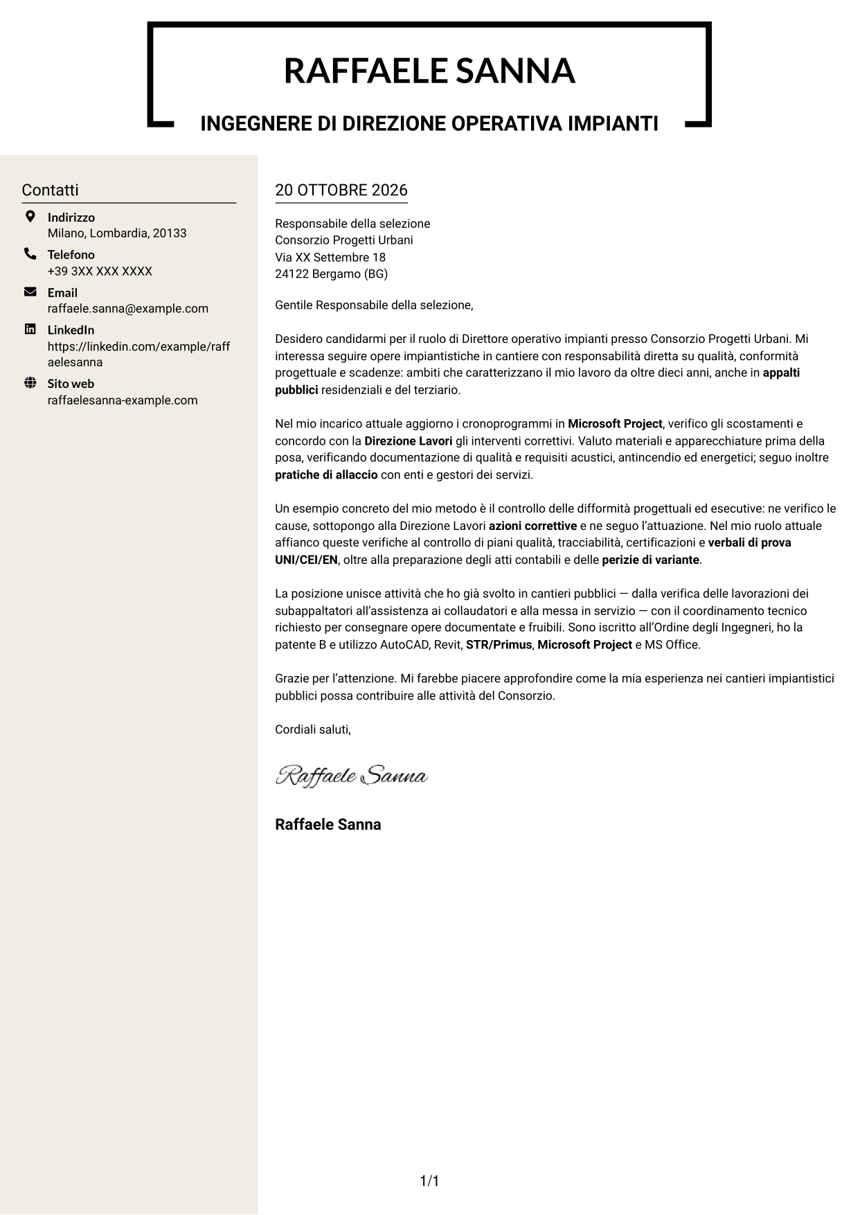 Lettera di presentazione Intraprendente (formato a due colonne con intestazione centrata senza foto): Direttore operativo impianti, pagina 1