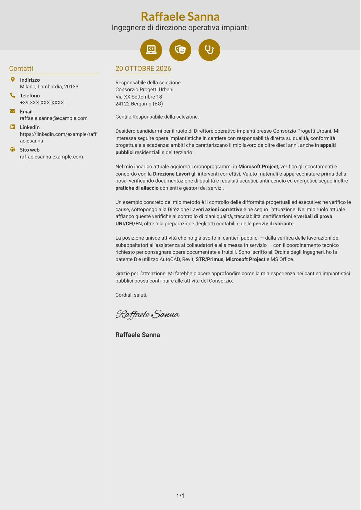 Lettera di presentazione Dinamico (formato a due colonne con icone): Direttore operativo impianti, pagina 1