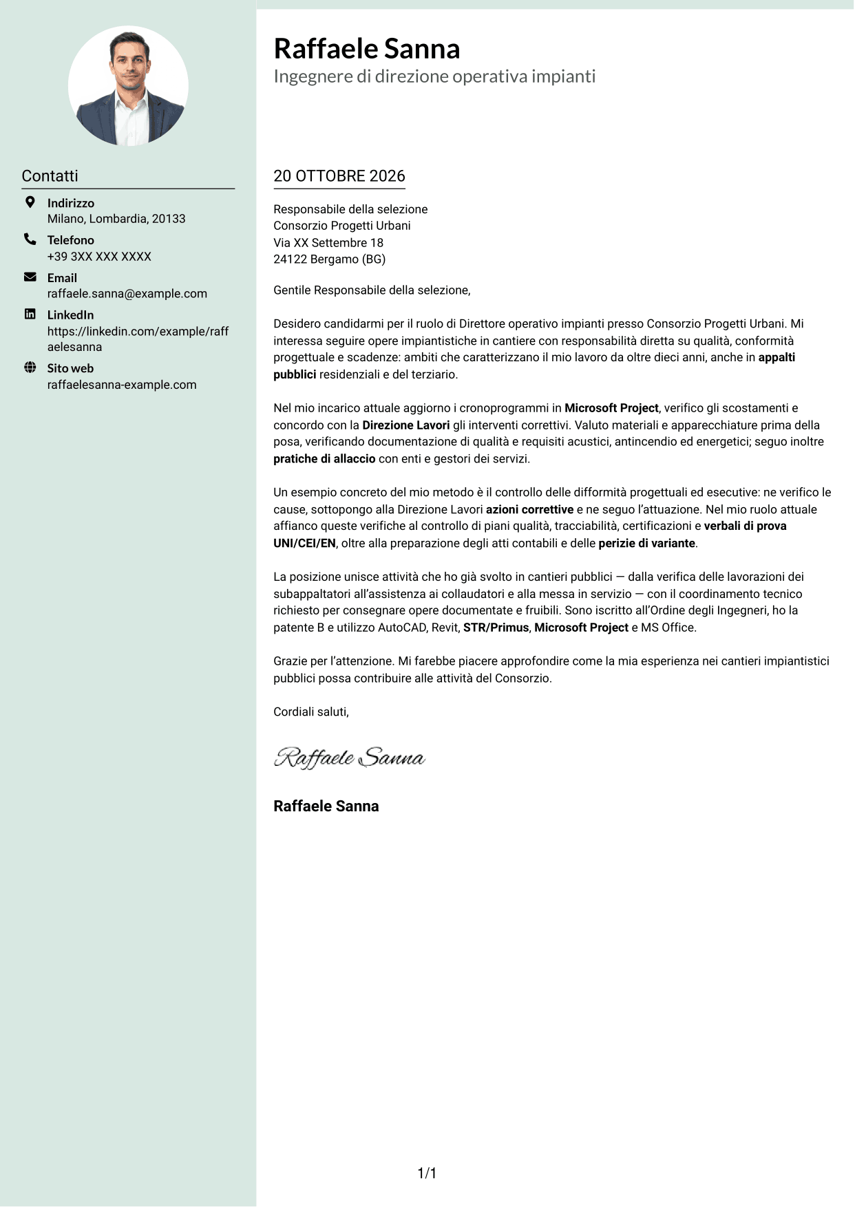 Lettera di presentazione Dirigente (formato con colonna laterale tenue e foto arrotondata): Direttore operativo impianti, pagina 1