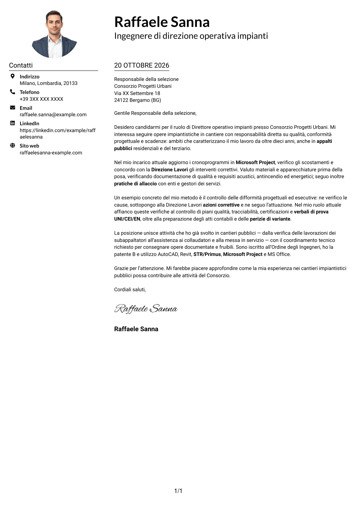 Esempio di lettera di presentazione — pagina 1
