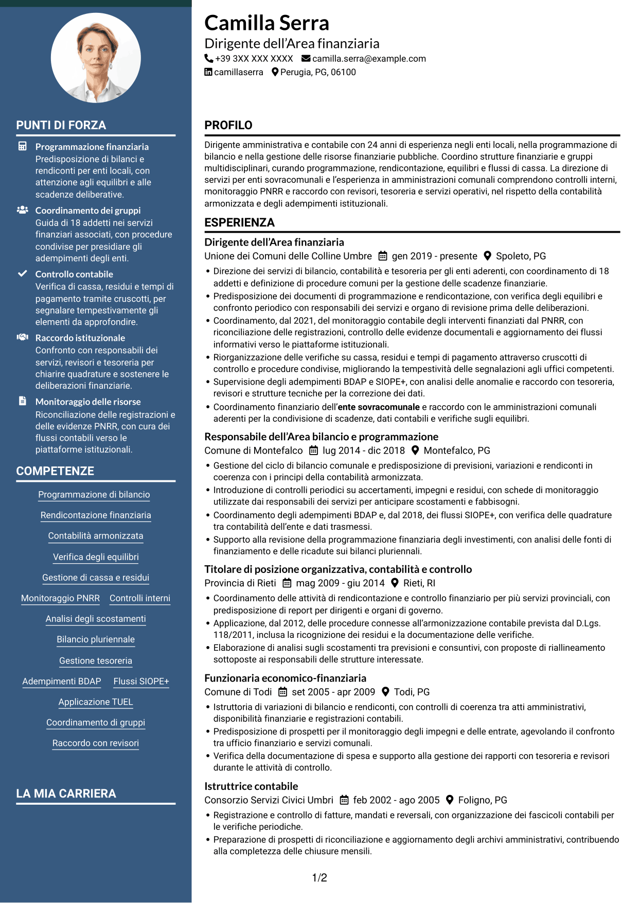 CV Elegante (formato con colonna laterale colorata e foto): Dirigente amministrativo-contabile, pagina 1