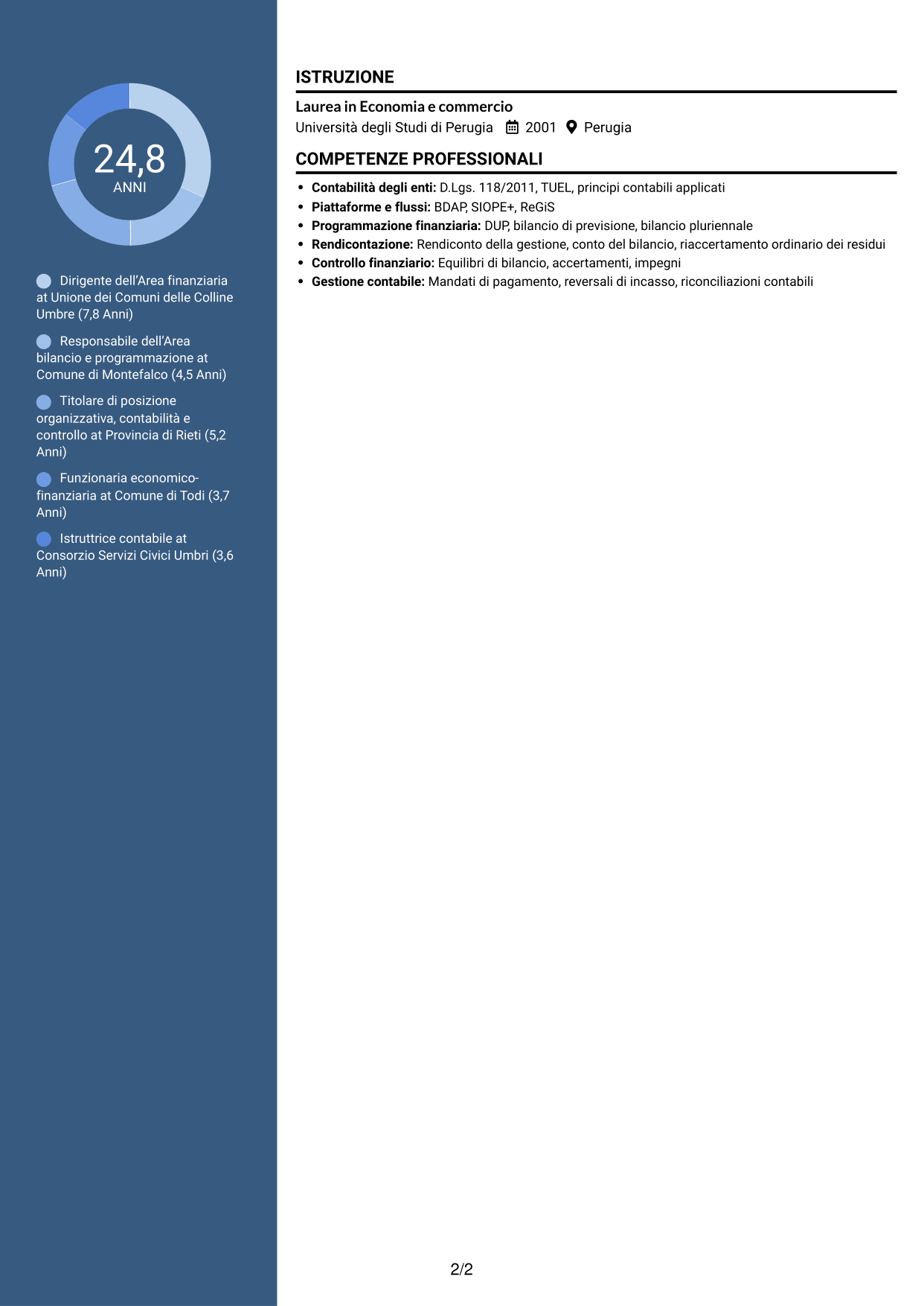 CV Elegante (formato con colonna laterale colorata e foto): Dirigente amministrativo-contabile, pagina 2