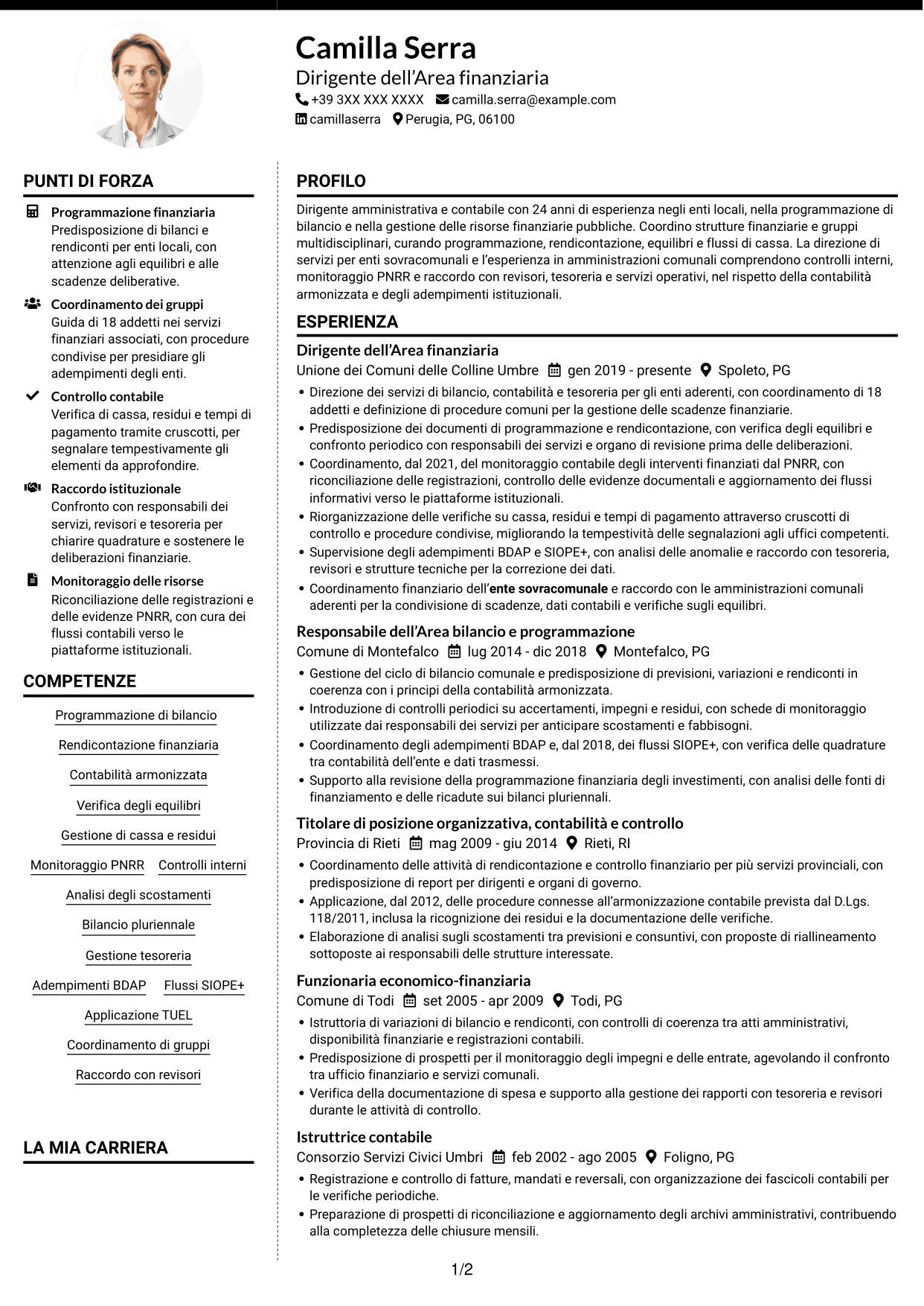 CV Moderno (formato a due colonne con foto a sinistra e separatore): Dirigente amministrativo-contabile, pagina 1