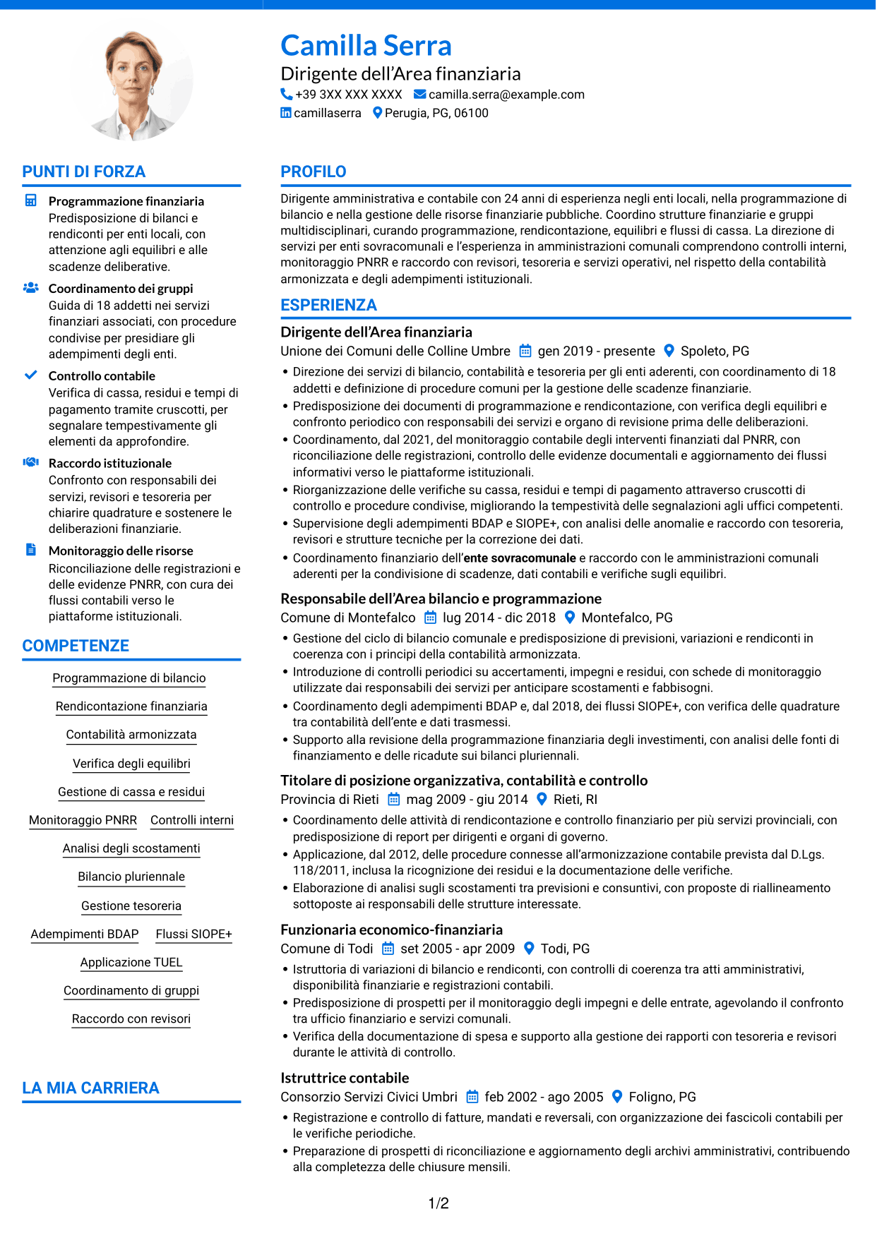 CV Audace (formato a due colonne con accenti colorati e foto): Dirigente amministrativo-contabile, pagina 1
