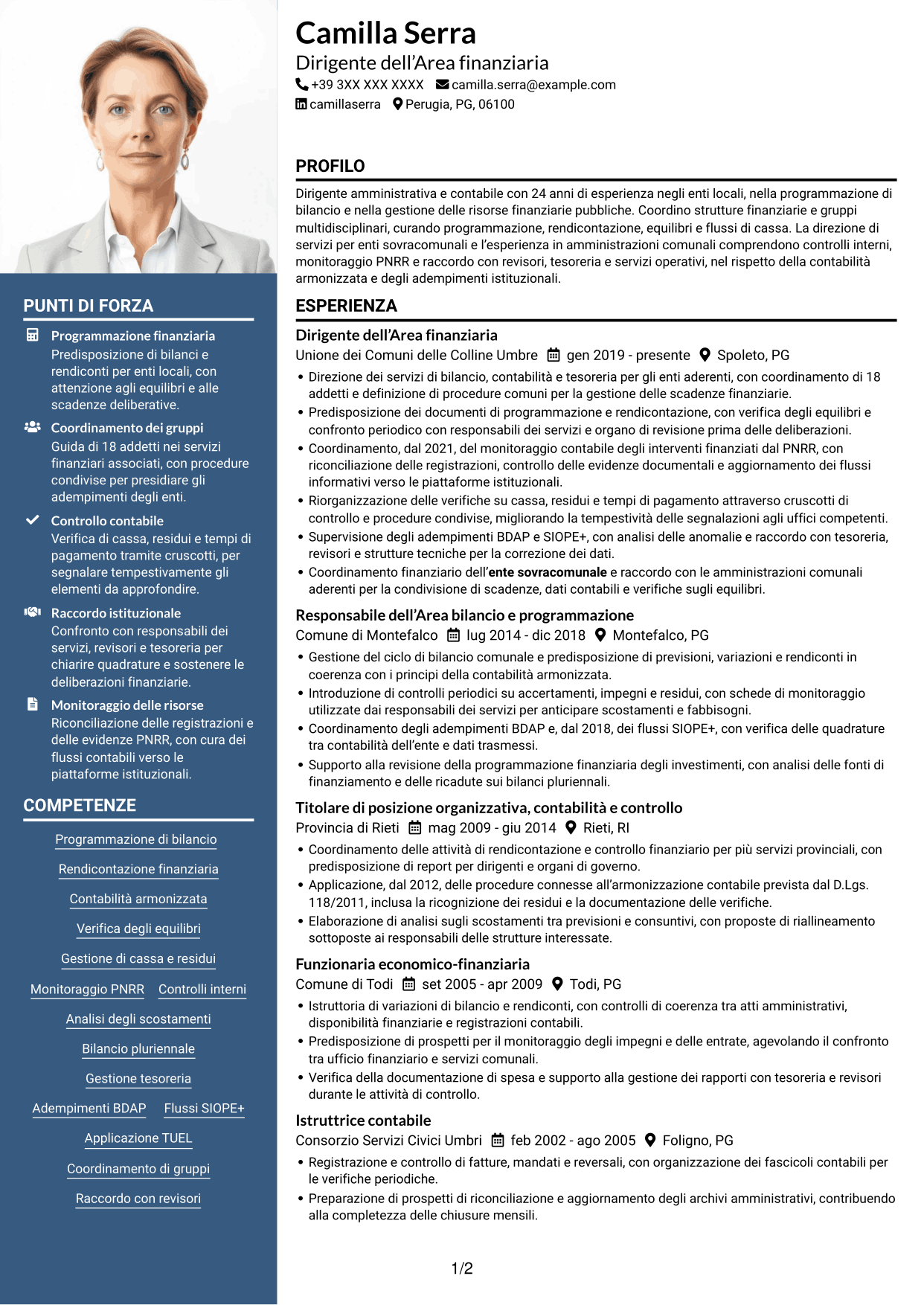 CV Signature (formato con colonna laterale colorata e foto grande): Dirigente amministrativo-contabile, pagina 1
